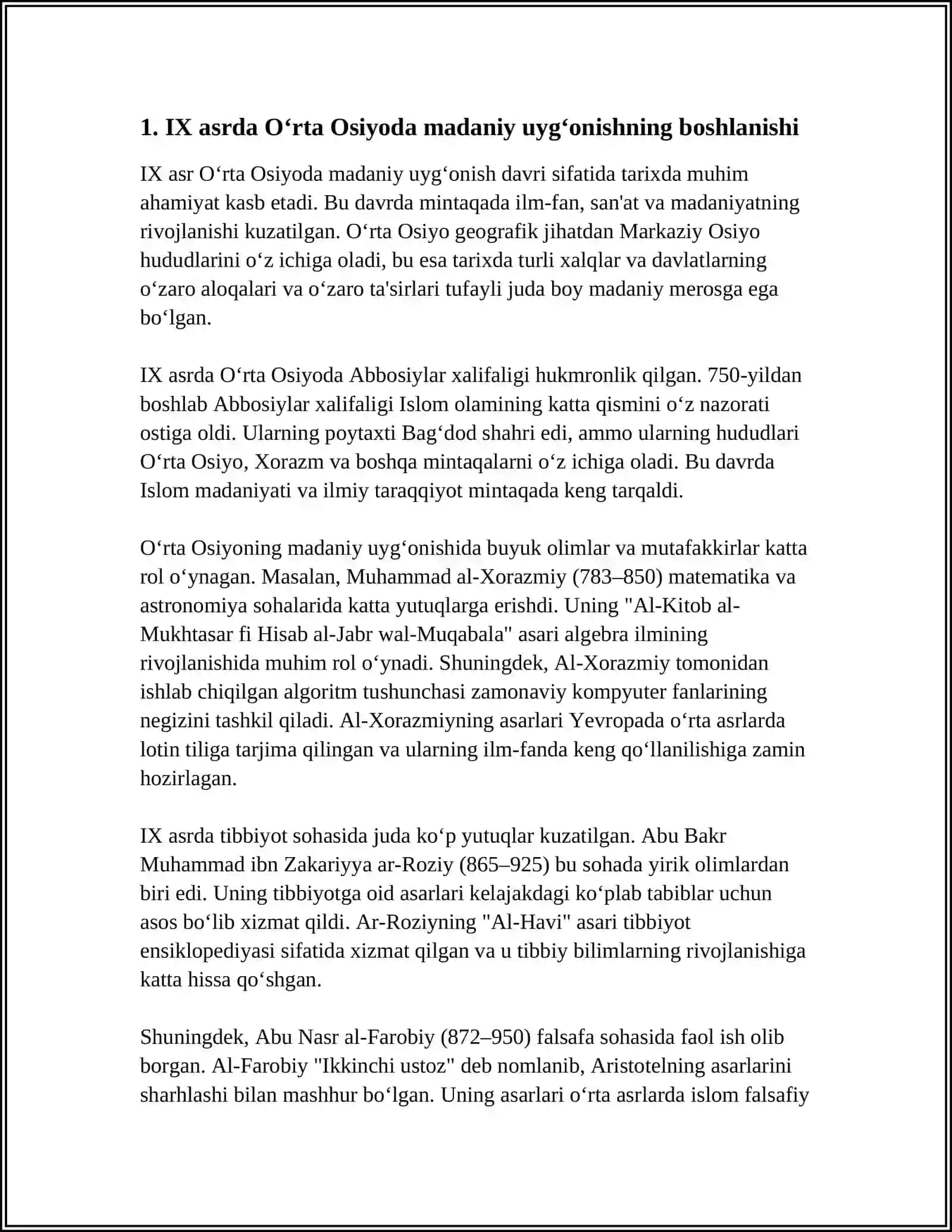 IX-XII ASRLARDA MAMLAKATIMIZ HUDUDIDA RO‘Y BERGAN MADANIY UYG‘ONISH (RENESSANS). BUYUK ALLOMALARNING JAHON SIVILIZATSIYASIGA QO‘SHGAN HISSASI 3