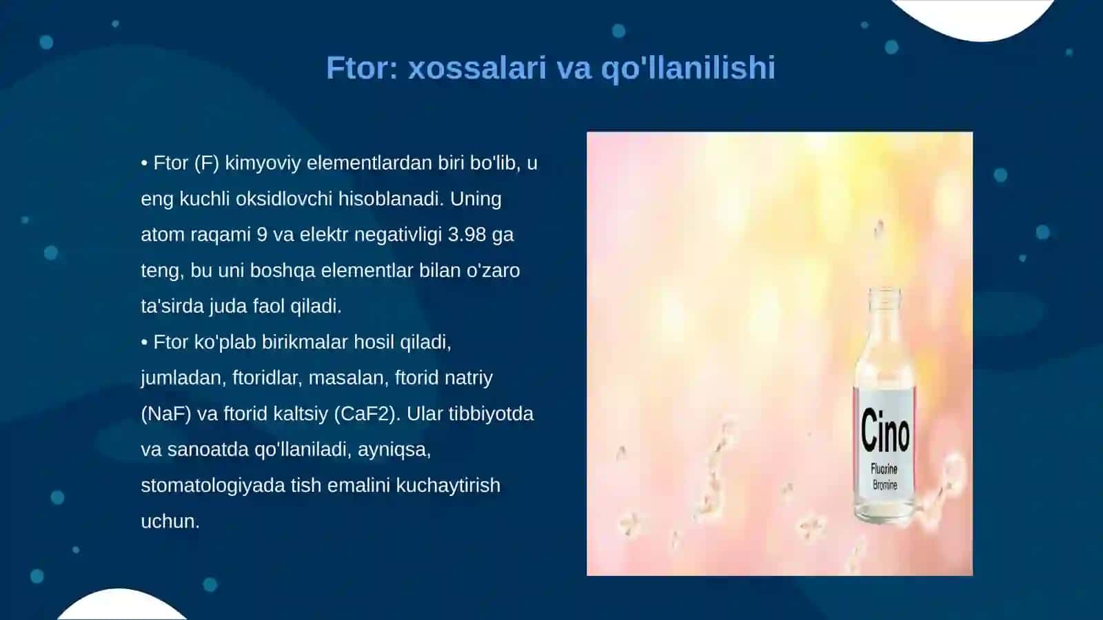 Ftor, xlor, brom, yod, astat va tennessin. Ularning birikmalari va xossalari 3