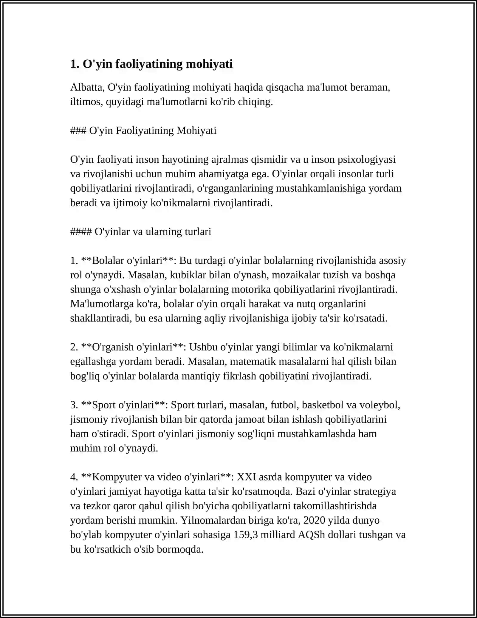 MUSTAQIL ISH Mavzu: O'YIN MAKTABGACHA YOSHDAGI BOLANING YETAKCHI FAOLIYATI SIFATIDA O'YIN FAOLIYATINING SIFATIDA,O'YIN FAOLIYATINING MOHIYATI,TURLARI,BILISH JARAYONLARI VA SHAXS TARAQQIYOTIGA TA'SIR KO'RSATISH MEXANIZMLARI,O'YINCHOQNING BOLA PSIXIK RIVOJLANISHIGA TA'SIRI MUAMMOSI 3