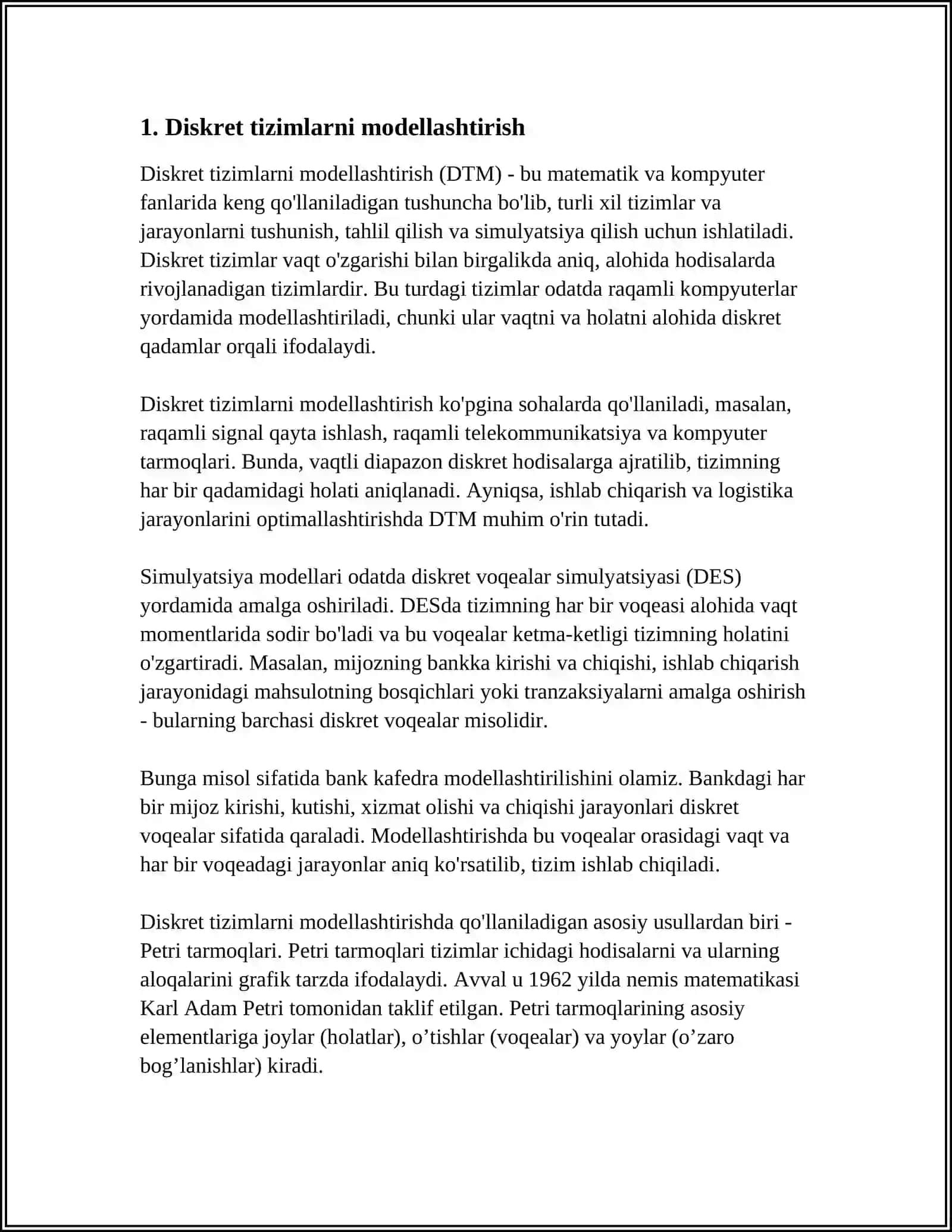 MUSTAQIL ISH Mavzu: DISKRET VA UZLUKSIZ TIZIMLARNI MODELLASHTIRISH 3