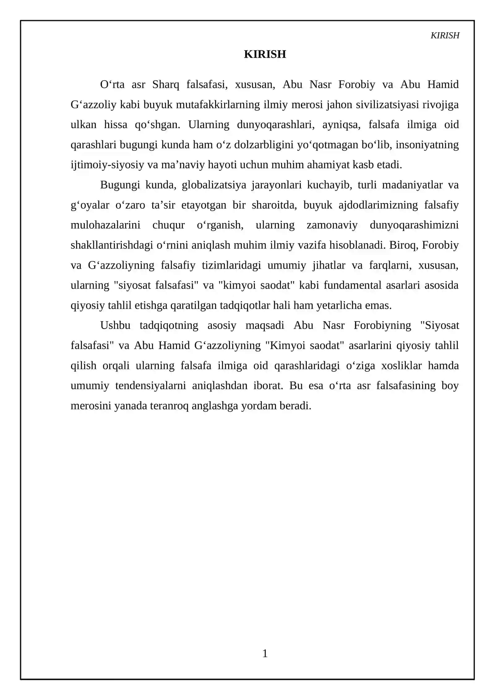 Abu Nasr Forobiy va Gʻazzoliyning falsafa ilmiga oid qarashlarini qiyosiy tahlil etish (Farobiyning,, siyosat falsafasi '' va Gʻazzoliyning,,kimyoi saodat'' asarlari asosida) 3