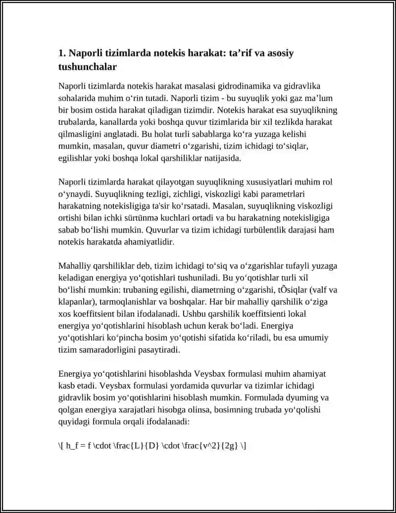 Naporli tizimlarda notekis harakat. Mahalliy qarshiliklarda yo'qolgan energiya. Veysbax formulasi 3