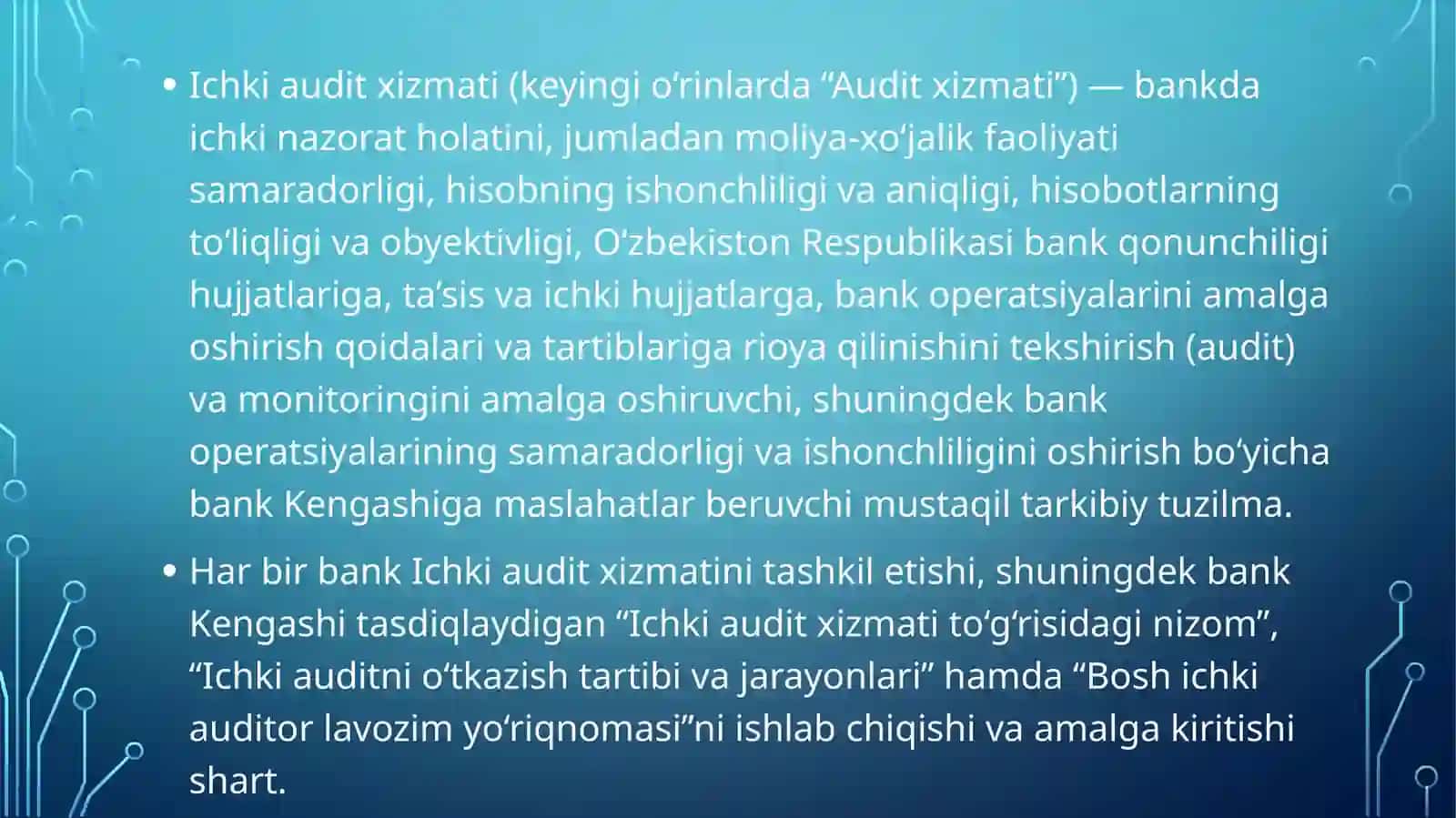 BaNK ICHKI NAZORATI, UNI TASHKIL ETISH 3