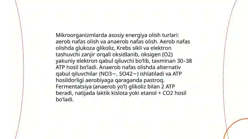 Mikroorganizmlar tomonidan energiya olish usullari. Hujayra energiyasining shakllari va hosil bo'lish usullari. Fermentatsiya (bijg'ish). Uglevodlarni fermentatsiya qilish yo'llari. Fermentatsiya turlari. 3