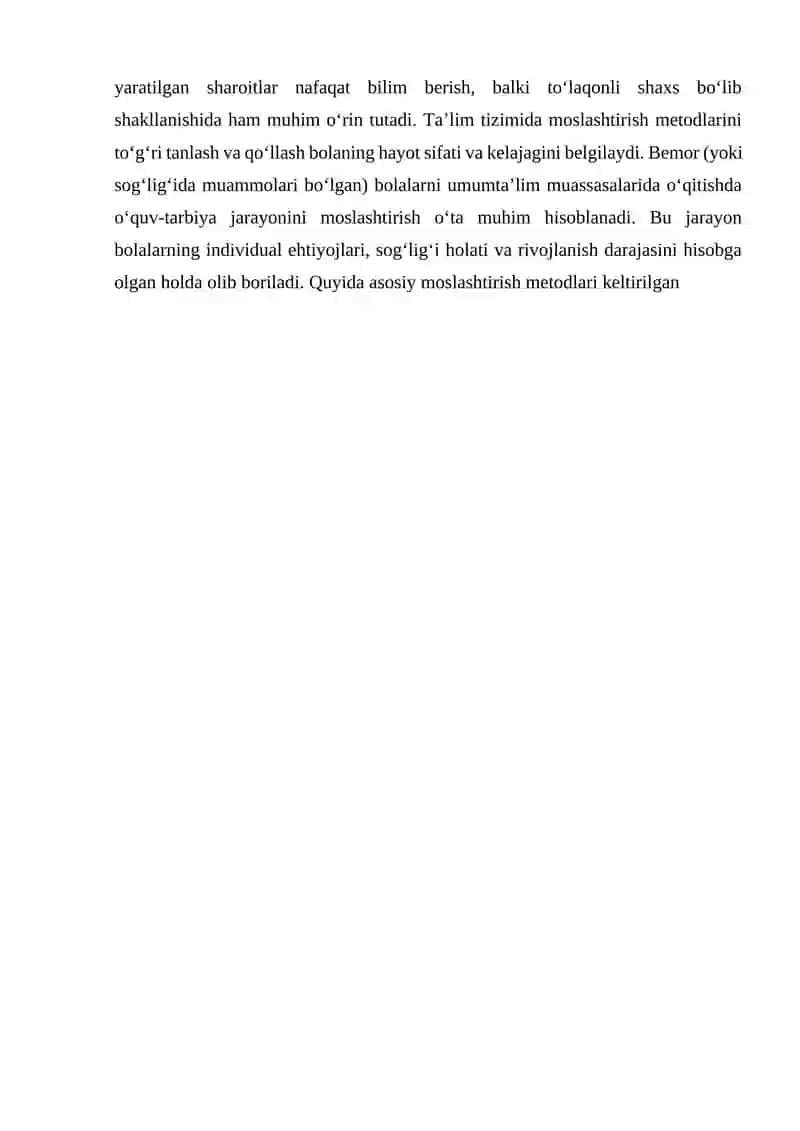 BEMOR BOLALARNI UMUM TALIM SHARPITIDA OQITISHDA OʻQUV TARBIYA JARAYONINI MOSLASHTIRISH METODLARI 3