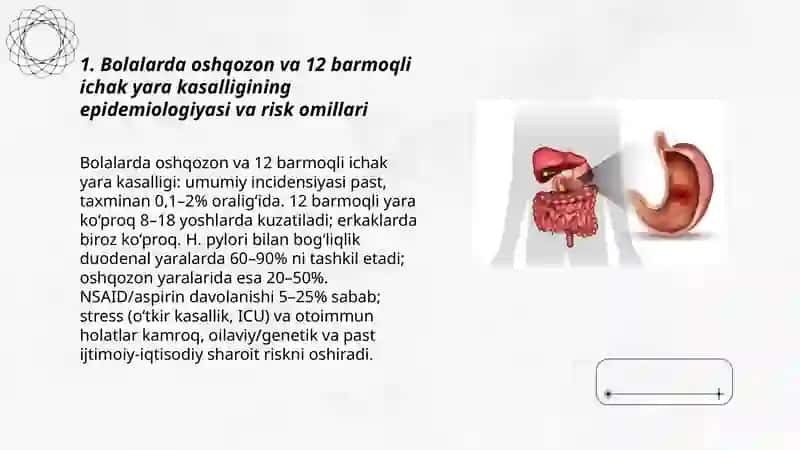 Bolalarda oshqozon va 12 barmoqli ichak yara kasalligi. Surunkali kolit, enterokolit. Klinik kõrinishi, davo taktikasi, parhez, reabilitatsion davo. 3