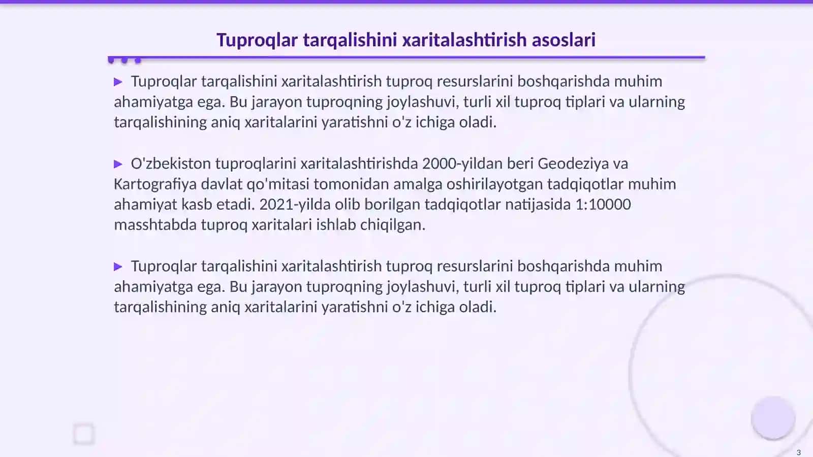 Tuproqlar tarqalishini xaritalashtirish, tuproq banitrovkasi, yer kadastri ularning ahamiyati 3