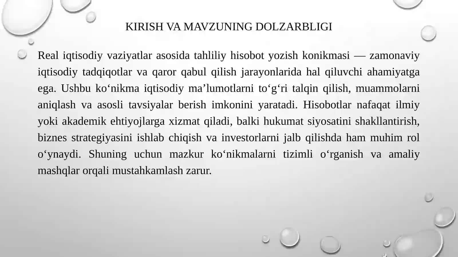 Real iqtisodiy vaziyatlar asosida tahliliy hisobot yozish konikmasi 3