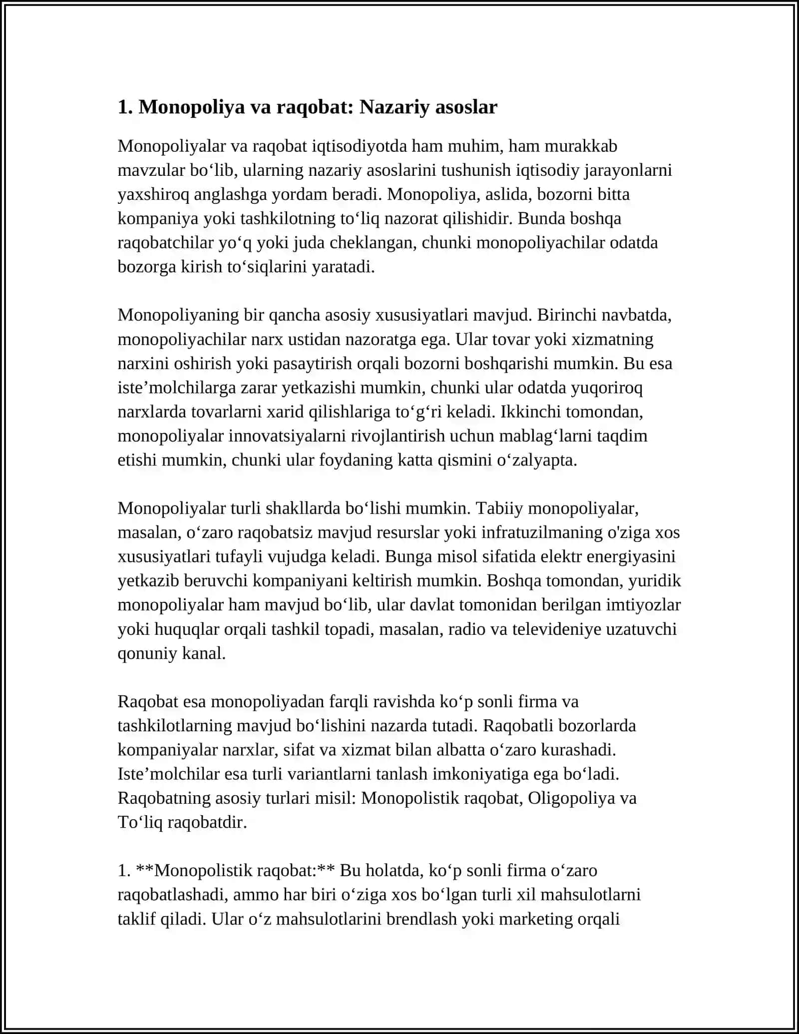 MONOPOLISTIK KORXONALARNI TARTIBGA SOLISH USULLARI. MILLIY IQTISODIYOT RAQOBATDOSHLIGINI OSHIRISHGA QARATILGAN CHORA-TADBIRLAR 3