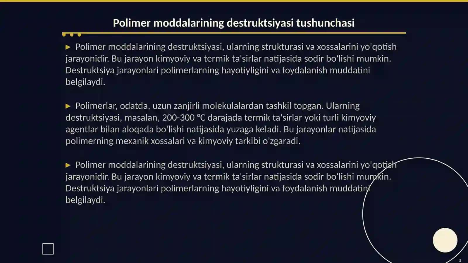 Polimer moddalarining destruktsiyasi: kimyoviy destruktsiyasi,termik destruktsiyasi 3