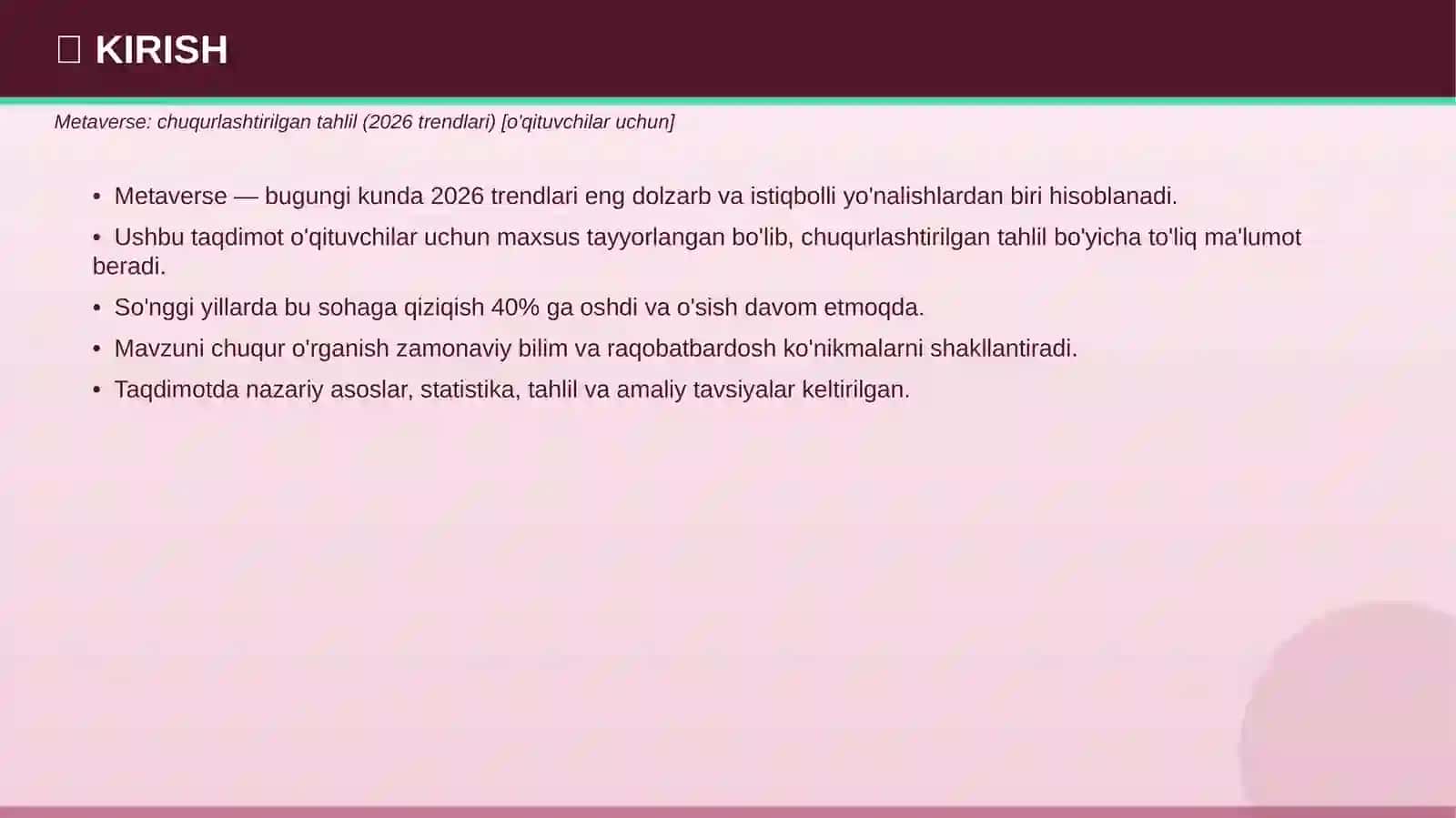 Metaverse: chuqurlashtirilgan tahlil (2026 trendlari) [o'qituvchilar uchun] 3
