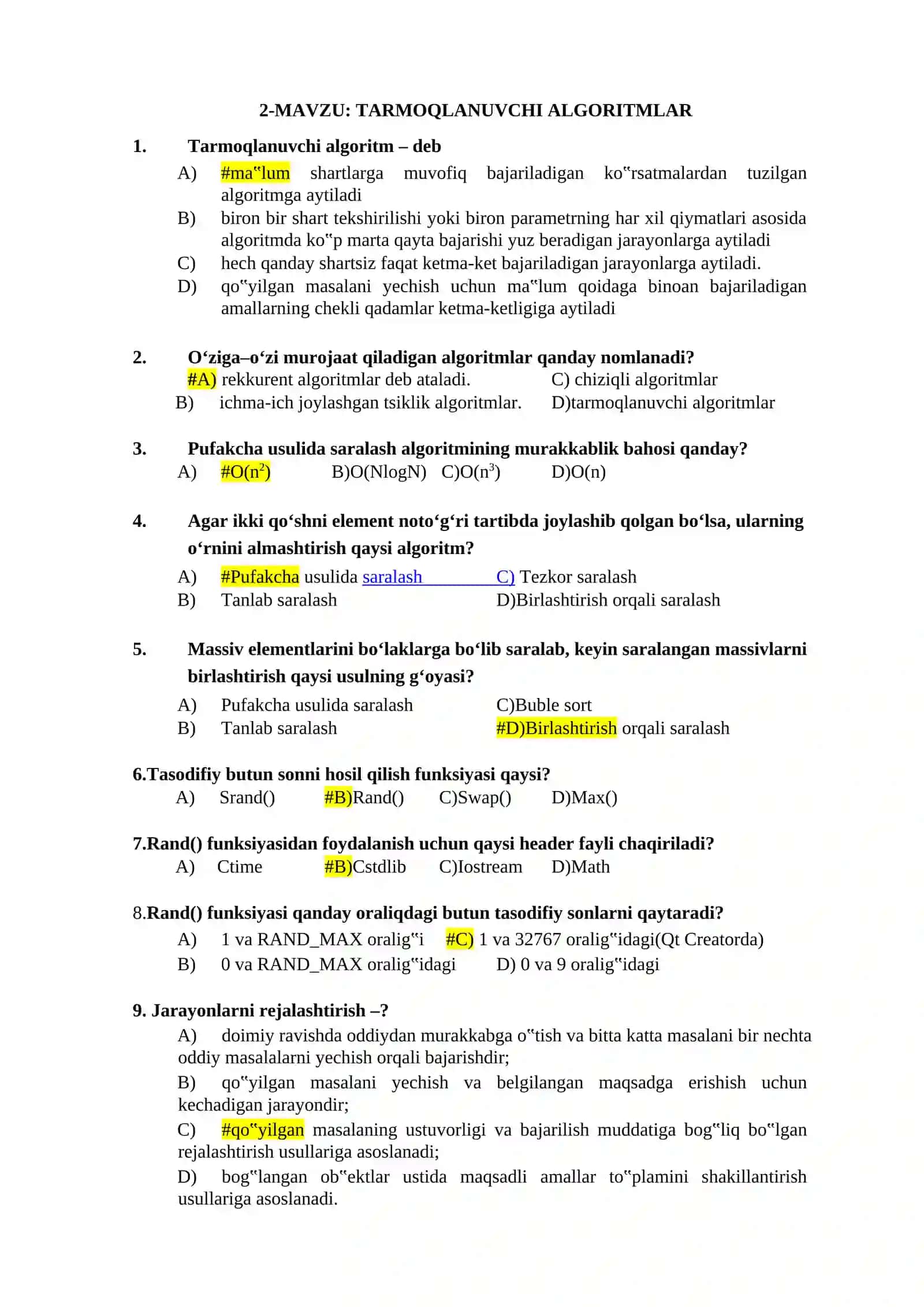 ALGORITMLARNI LOYIHALASH FANIDAN IV SEMESTR UCHUN MAVZULASHTIRILGAN TESTLAR 3