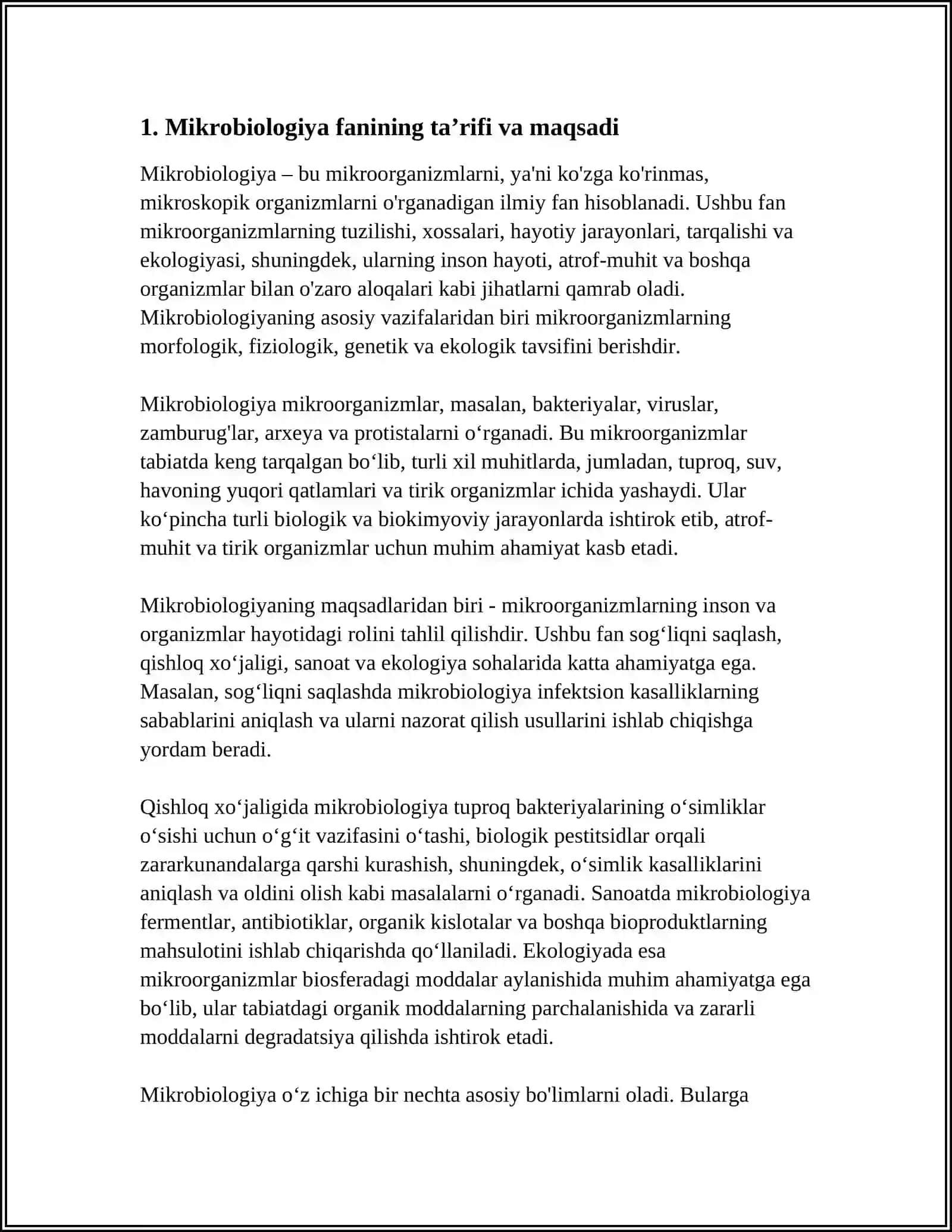 MIKROBIOLOGIYA FANI,O'RGANISH OBEKTLARI,VAZIFASI HAMDA BO'LIMLARIGA TASNIF 3