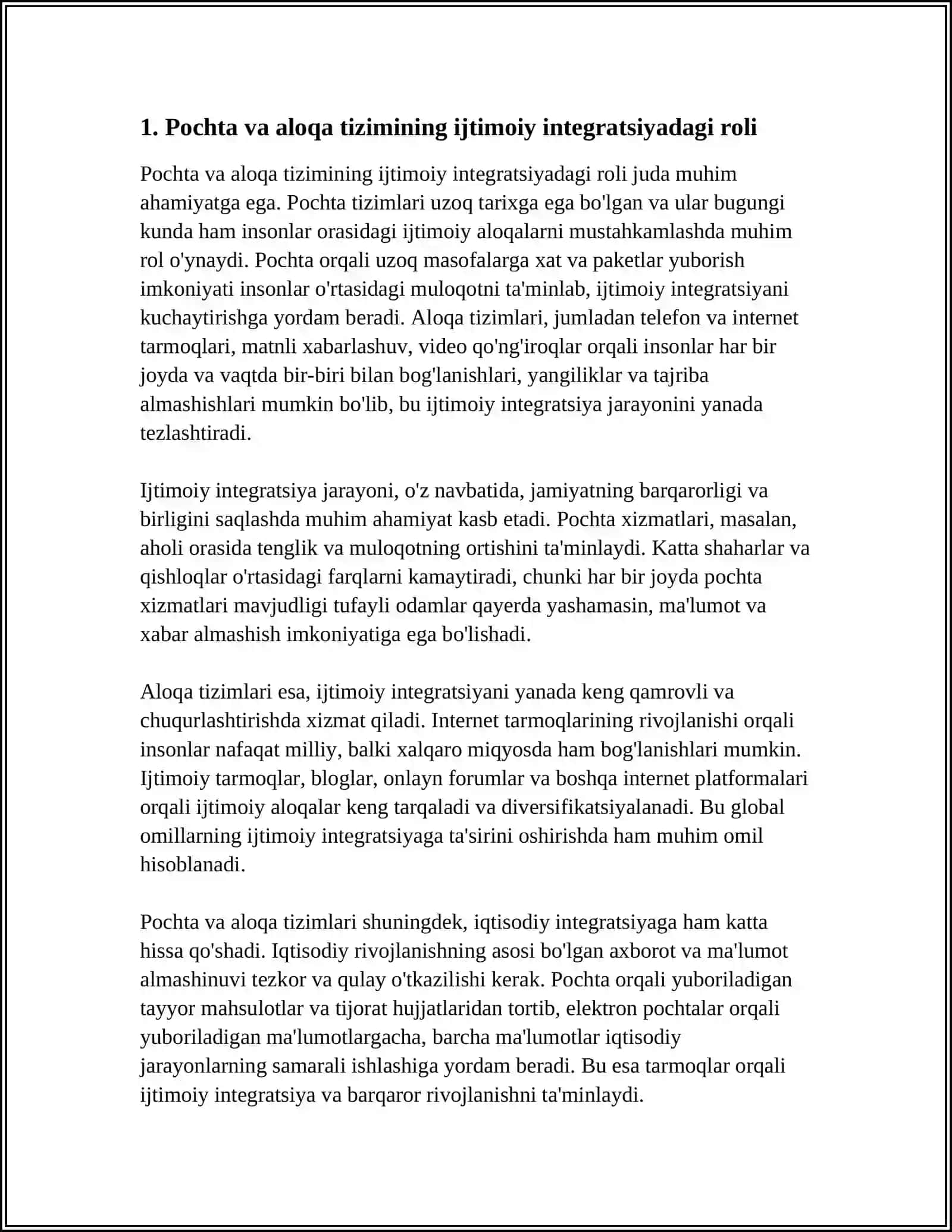 POCHTA, ALOQA TIZIMI SIFATIDAGI AHAMIYATI 3
