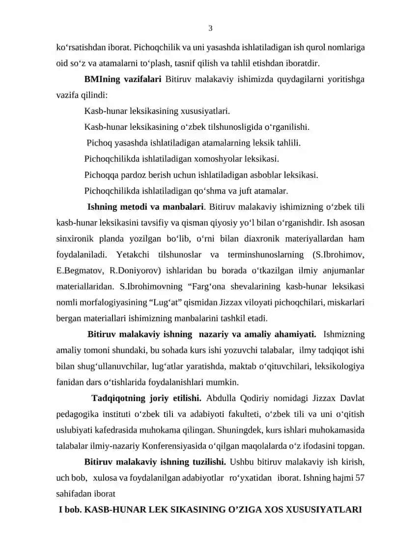 KASB – HUNAR (PICHOQCHILIK) LEKSIKASI 3