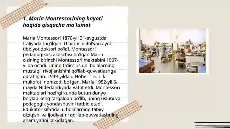 Maria Montessori hayoti va amalga oshirgan ishlari 3