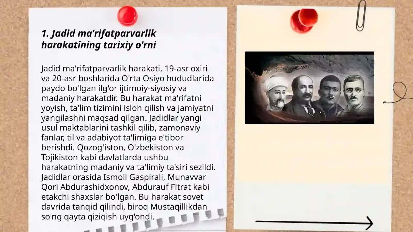 Jadid ma'rifatparvarlarning oʻlka ijtimoiy-ma'naviy hayotida tutgan oʻrni (Munavvar Qori,Fitrat,Behbudiy,Avloniy va b.sh.q) mavzuga oid manbalarni tahlil qilish 3