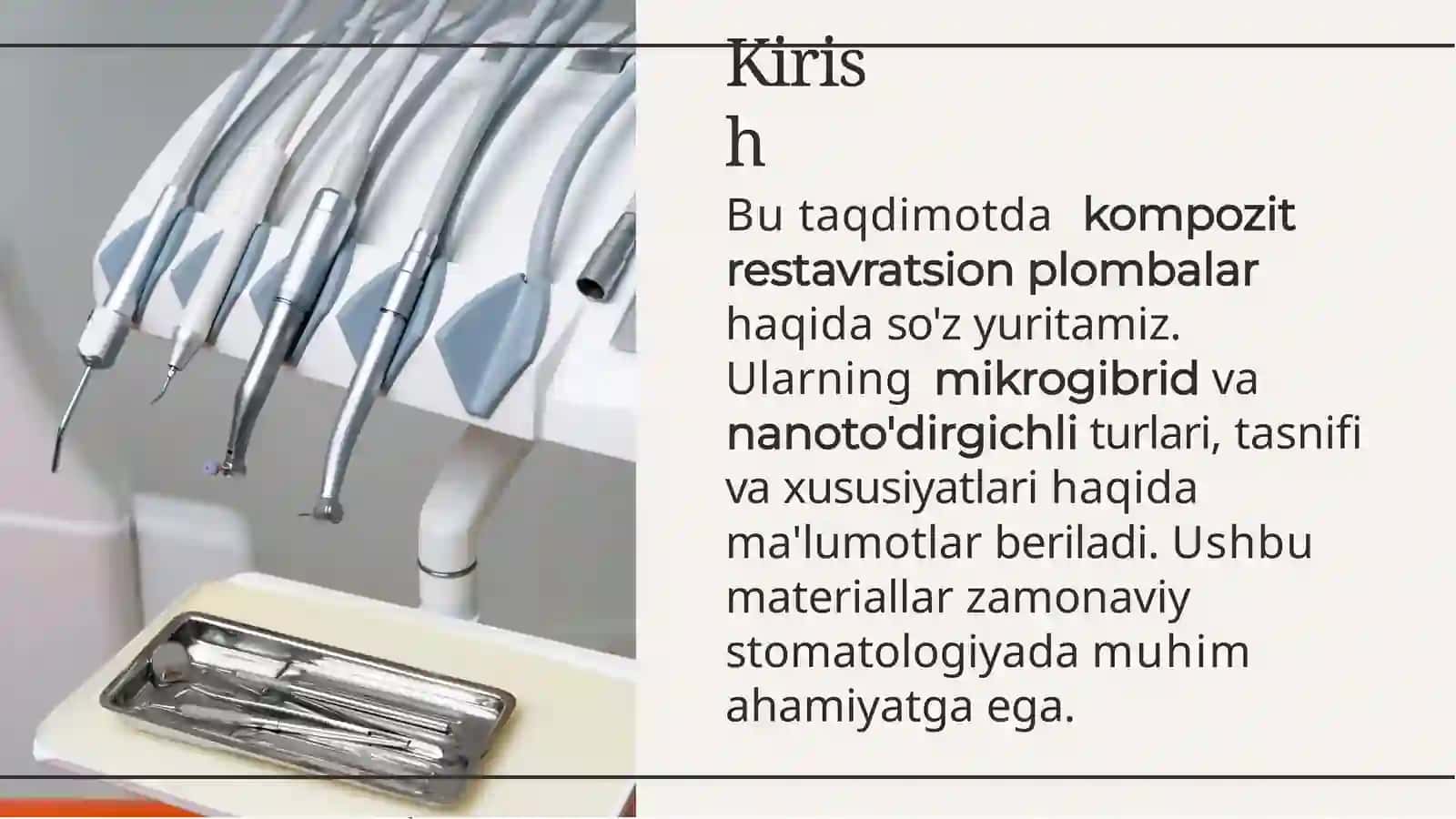 Kompozit Restavratsion Plombalar: Mikrogibrid va Nanoto'dirgichli Turlarning Tasnifi va Xususiyatlari. Mikrogibrid kompozitlari. Nano to'ldirilga kompozitlar. Suyuq oquvchi kompozitlar. Kondensatsiyalanadiga kompozitlar. 3