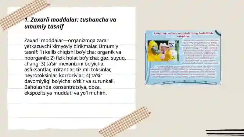 Zaxarli moddalarning tasnifi. Kimyoviy vaziyatni baholash 3