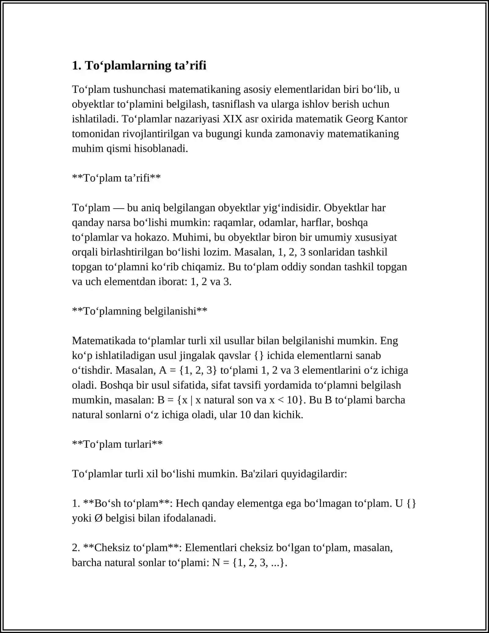 MUSTAQIL ISH Mavzu: TOʻPLAMLAR VA ULAR USTIDAN AMALLAR 3