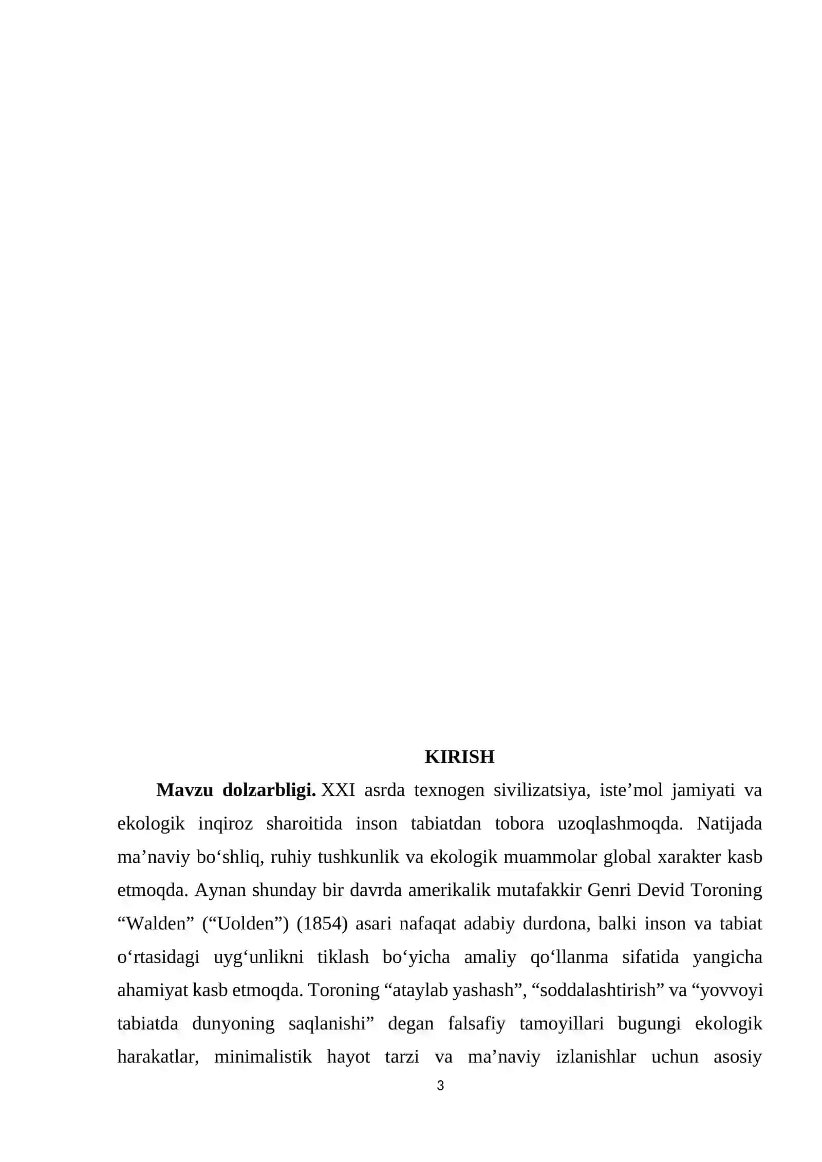 "Walden" asarida tabiat va insonning ma'naviy uyg' unligi mavzusidagi KURS ISHI 3