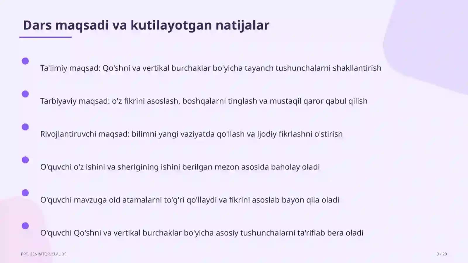 Qo'shni va vertikal burchaklar (7-sinf) 3