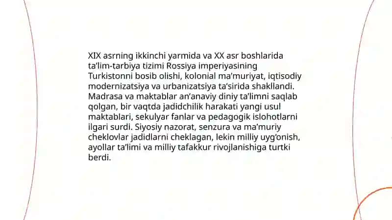 XIX asrning ikkinchi yarmida va XX asr boshlarida taʼlim va pedagogik fikrlar 3