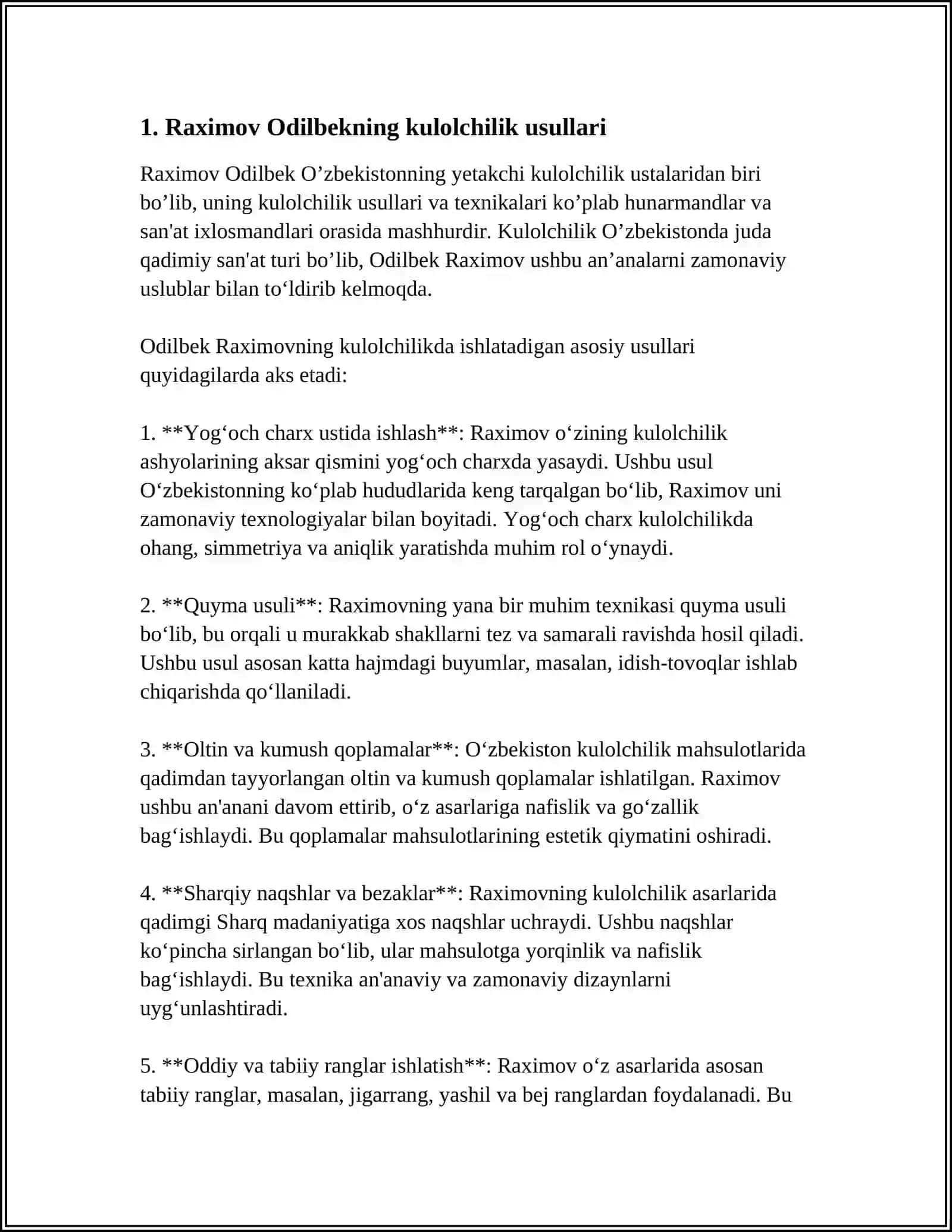 MUSTAQIL ISH Mavzu: XORAZM KULOLCHILIGI RAXIMOV ODILBEK IJODLARI 3