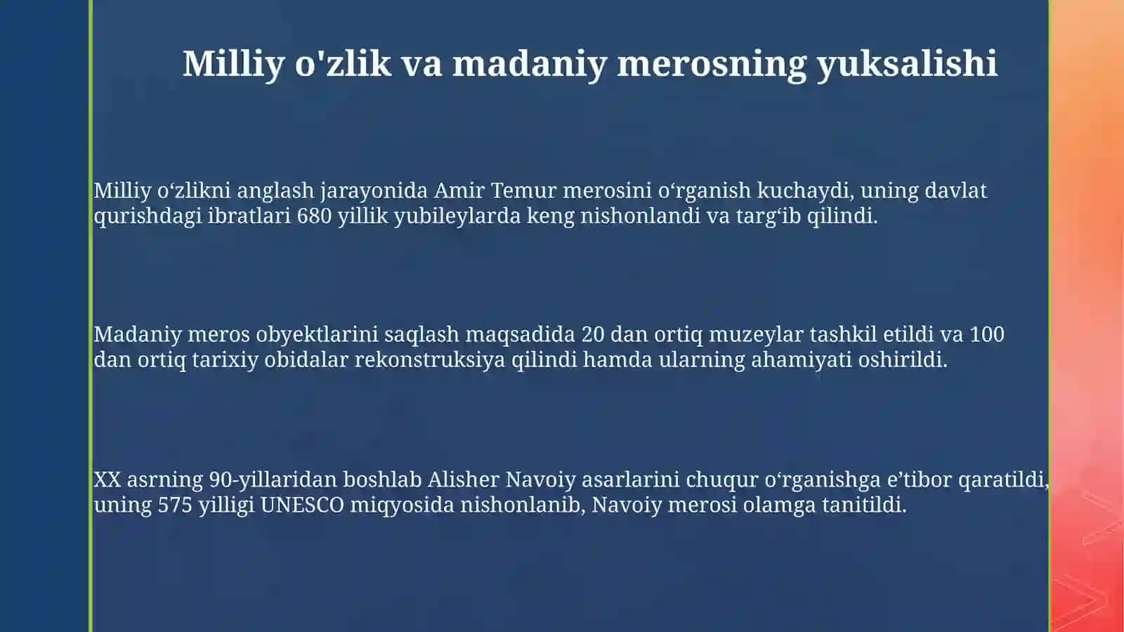 Mustaqilik yilarida Ózbekistondagi manviy va madaniytarqiyoti 3