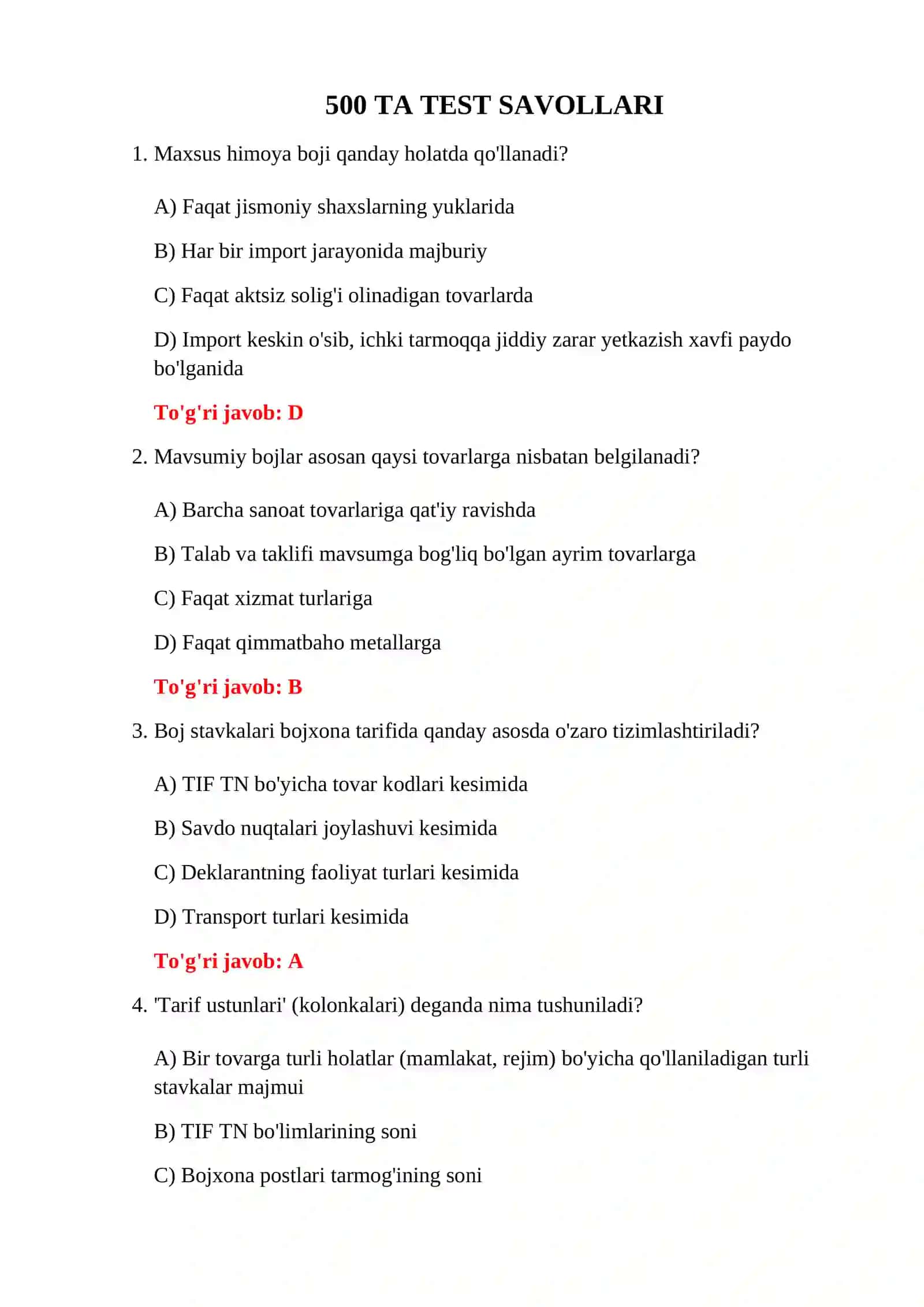 BOJXONA TO'LOVLARI 500 TA TEST 3