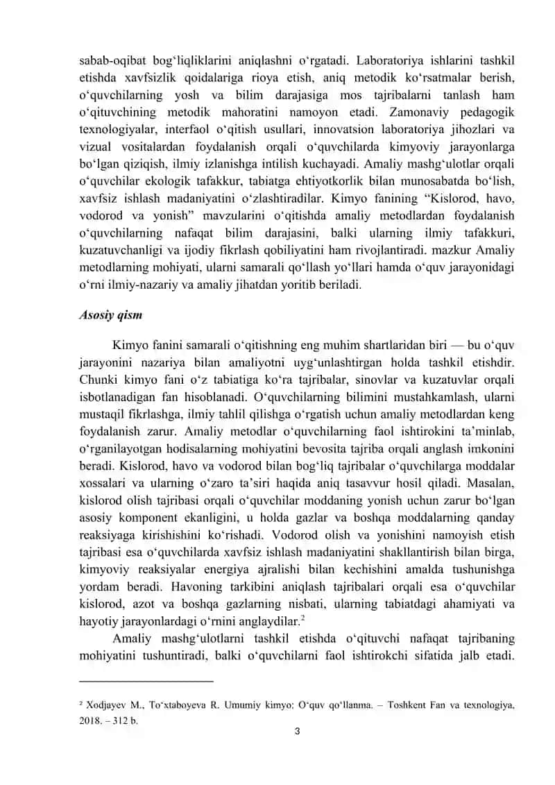 Kimyo fanining kislorod, havo, vodorod va yonish jarayonlarini o‘qitishda amaliy metodlar 3