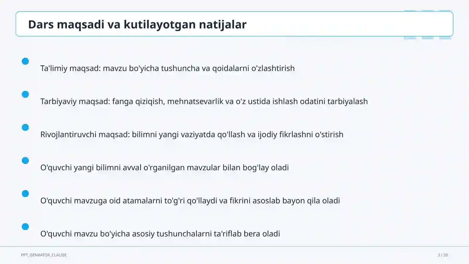 Sinf soati va tarbiyaviy tadbirlar (1– 11) — ochiq dars uchun 3