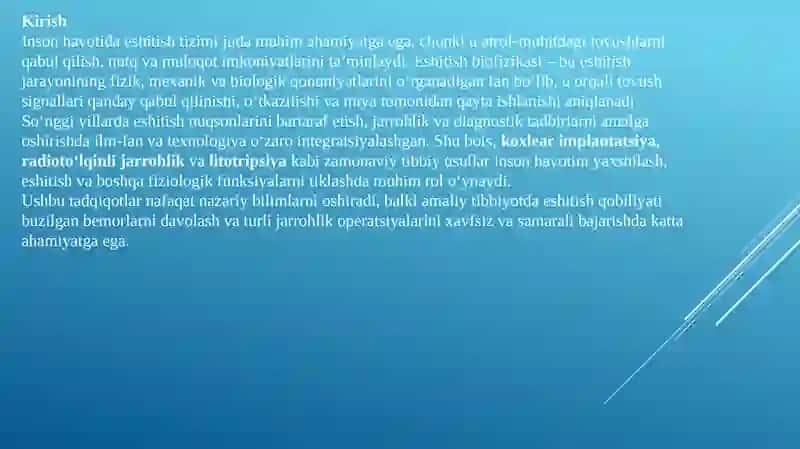 Eshitish biofizikasi elementlari. Koxlear implantatsiya asoslari. Radioto'lqinli jarrohlik. Litotripsiya. 3