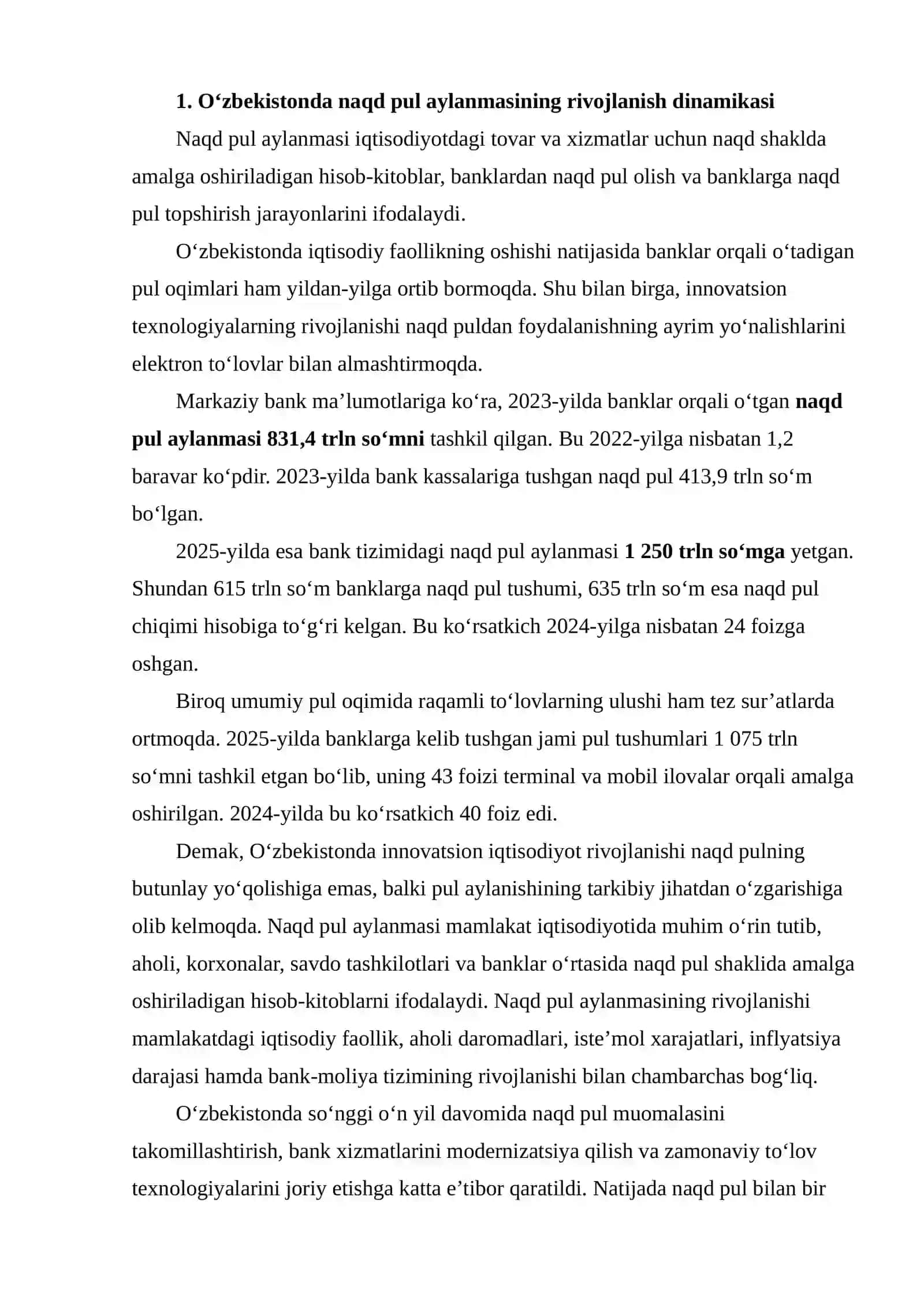 SO‘NGGI 10 YILDA O‘ZBEKISTONDA NAQD PUL AYLANMASI VA INNOVATSION IQTISODIYOT O‘RTASIDAGI BOG‘LIQLIKNI DINAMIK QATORLAR ASOSIDA TAHLIL QILISH 3