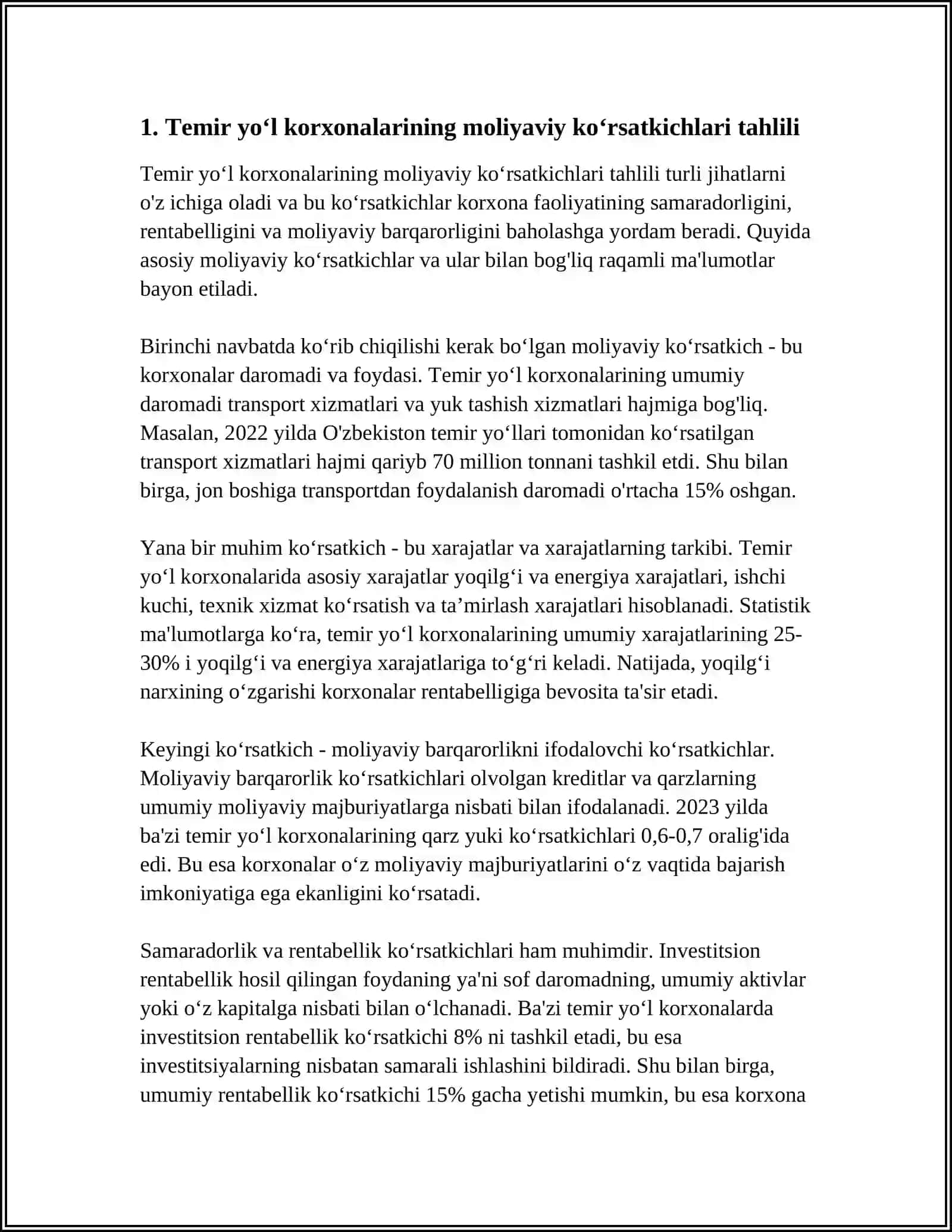 TRANSPORT (TEMIR YO’L, AVTOMOBIL) KORXONALARIDA MOLIYAVIY HOLATINI TAHLILI 3