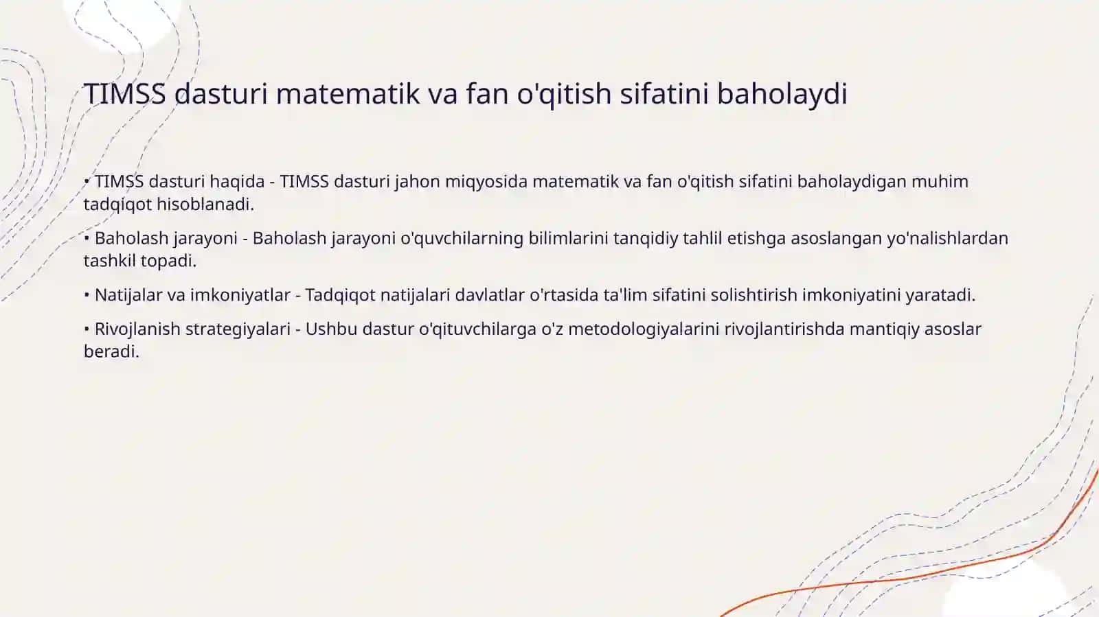 TIMSS, PIRLS, PISA, TALIS, EGMA, EGRA xalqaro baholash dasturi mazmun va mohiyati 3