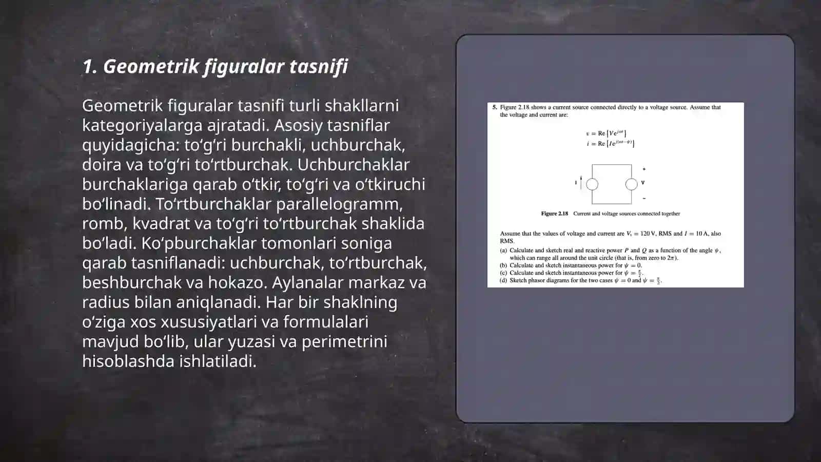 Geometrik figuralar, ularning ta'rifi, xossalari va alomatlari. Uchburchak geometriyasi. Pifagor teoremasi. Õxshashlik. Geometrik masalalarning turlari, õlchash bilan boģliq amaliy masalalar, hisoblashga oid masalalar, isbotlashga doir masalalar va yasashga doir masalalar 3