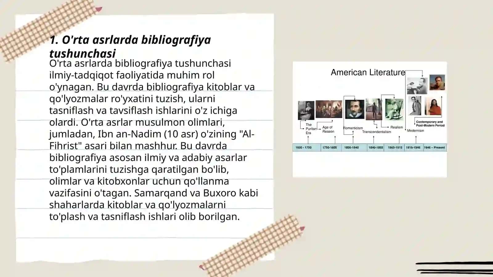 O'rta asrlarda bibliografiyaning rivojlanishi,asosiy yo'nalishlari ko'rsatuvchi adabiyotlarni qidirish tanlash,anotatsiyalash,bibliografik yozuvini shakllantirish 3