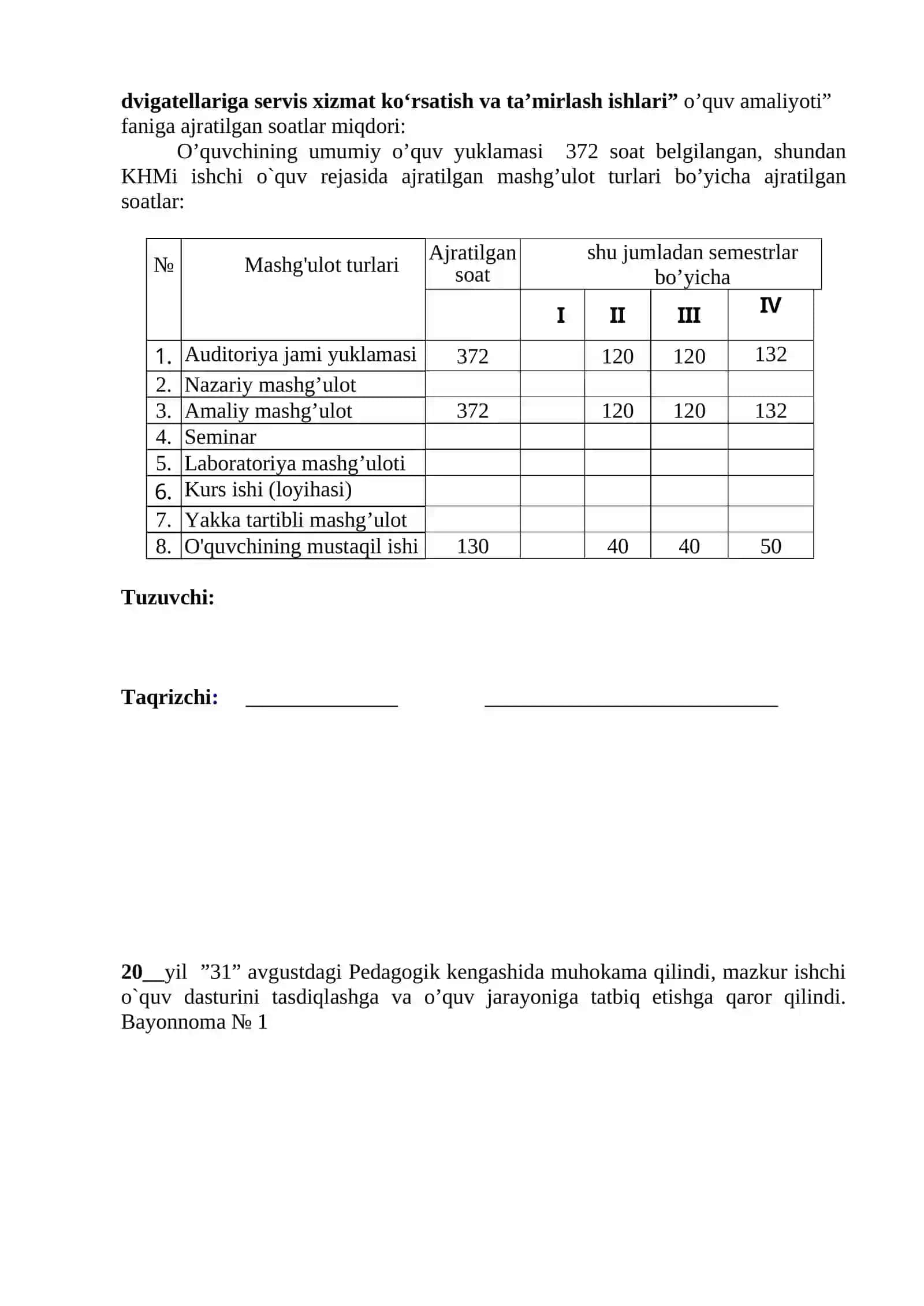 Avtomobillar tuzilishi, avtomobil dvigatellariga servis xizmat ko‘rsatish va ta’mirlash ishlari”  o’quv amaliyoti 3