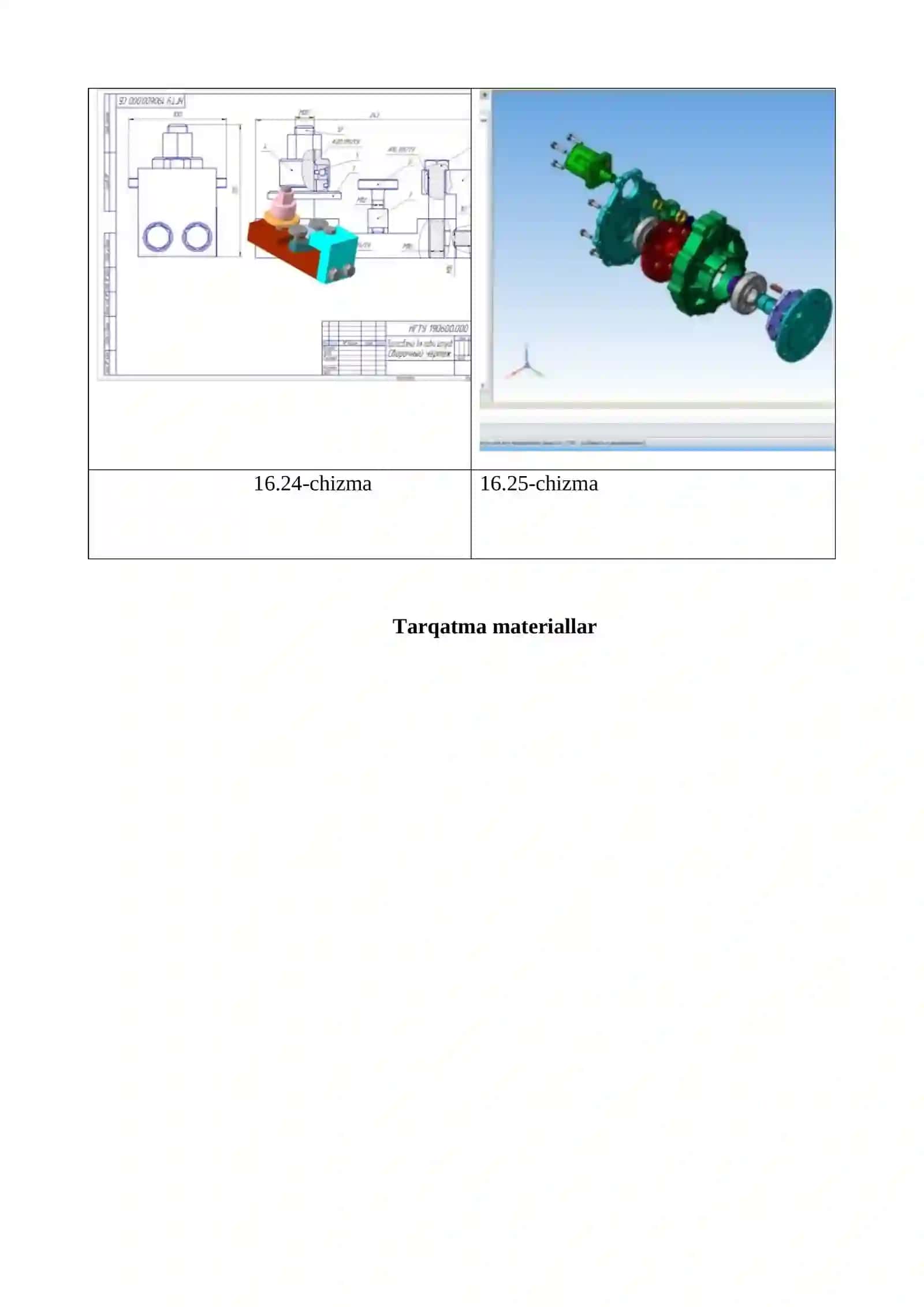 Grafik dastur (AutoCAD, KOMPAS 3D, SOLIDWORKS) yordamida detallarni yig’ma birliklarini shakllantirish.Yig`ish chizmalarini tuzish va o`qish. Yig`ish chizmalaridagi shartliliklar va soddalashtirishlar. Yig`ish chizmalarini o`qish va detallarga ajratib chizish 3