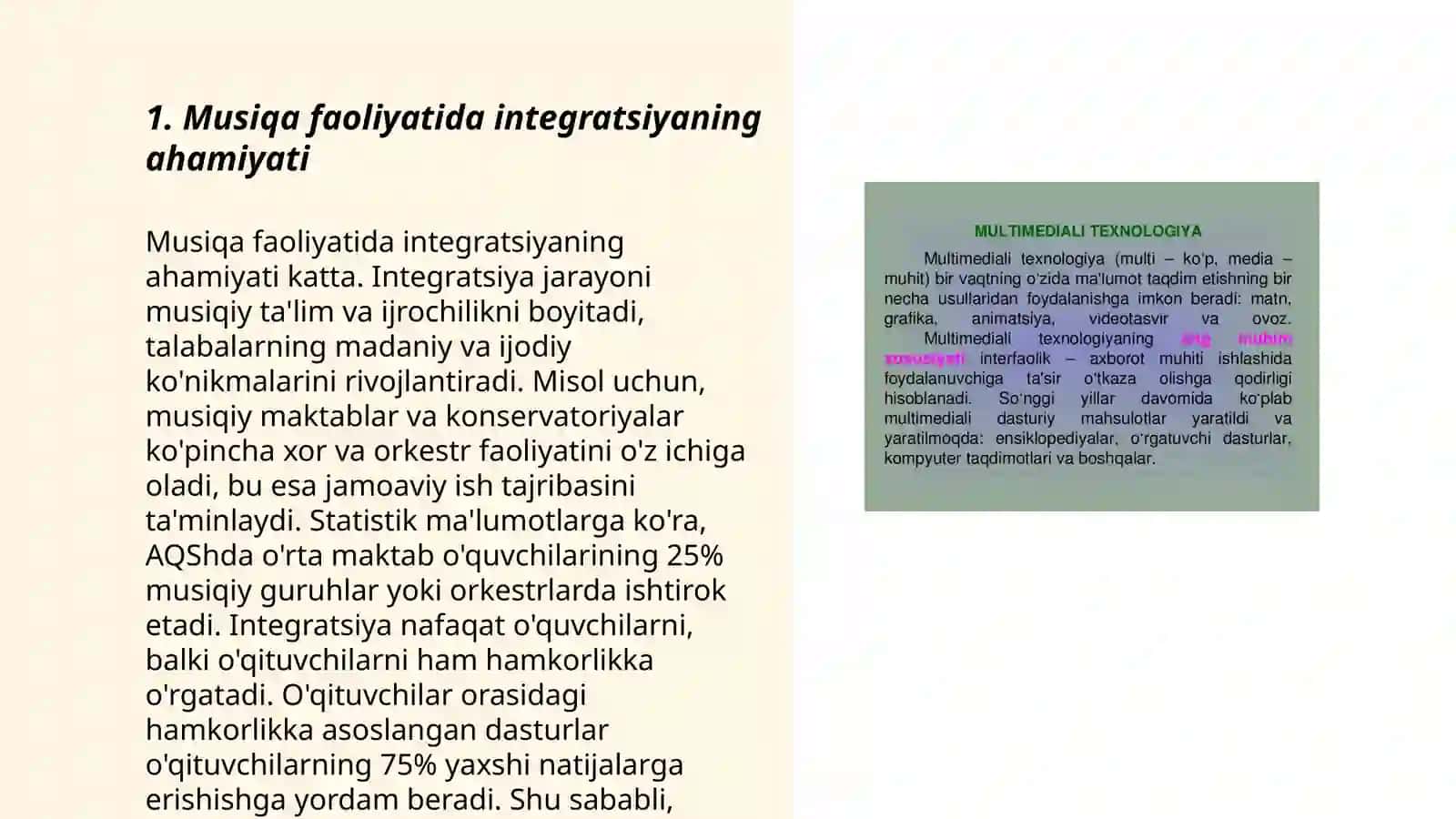 Musiqa faoliyatlarida integrallashgan faoliyatlarni tashkil etishining afzalliklari va yuzaga keladigan qiyinchiliklar 3