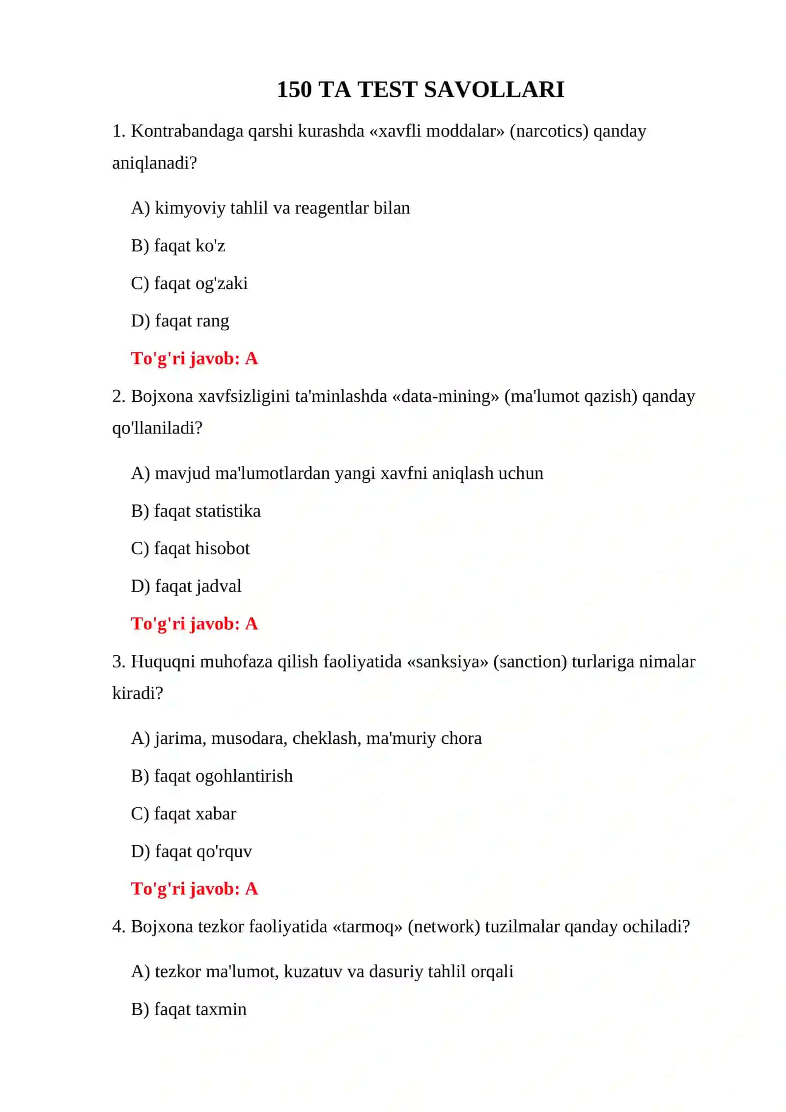 BOJXONA QOIDALARINI BUZISH TESTLARI 3