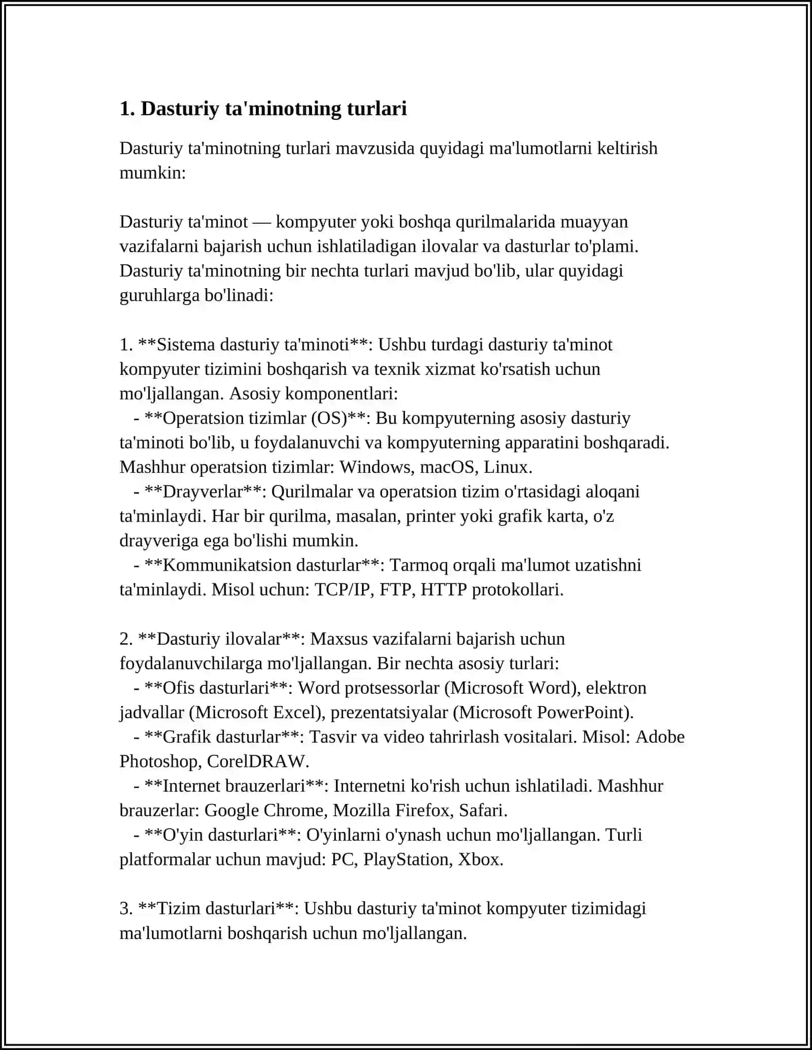 DASTURIY TAʼMINOT(AXBOROT TEXNOLOGIYALARI) TO‘G‘RISIDA REFERAT 3
