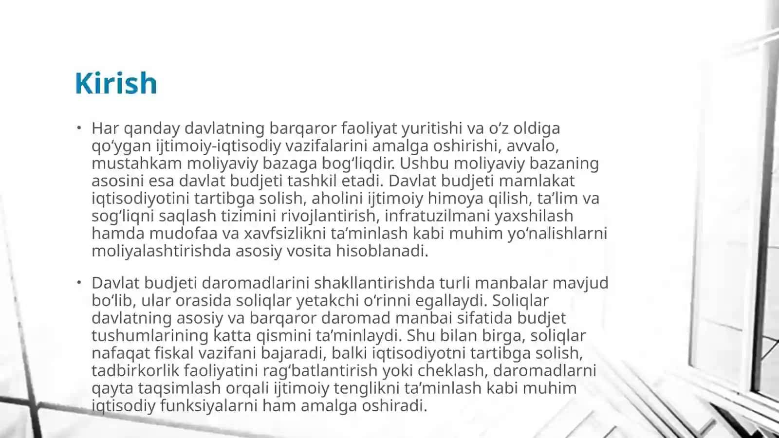 Davlat budjeti daromadlarini shakllantirishda soliqlarning tutgan oʻrni va ahamiyati 3