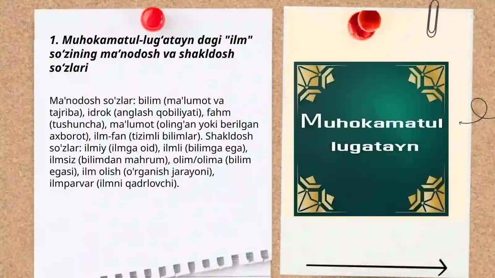 Muhokamatul-lugʻatayin dagi "ilm" soʻzining maʼnodosh va shakldosh soʻzlari 3