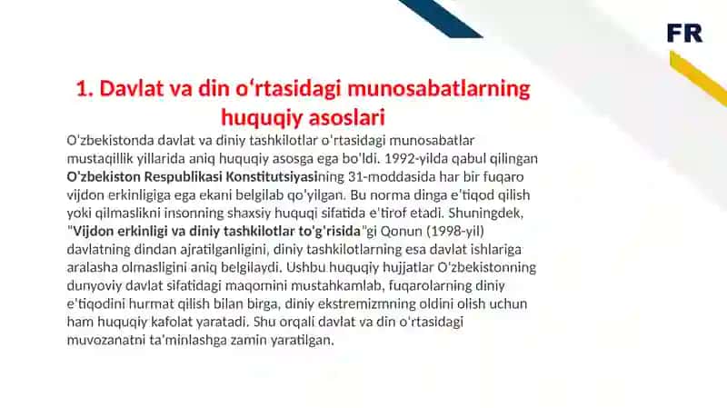 Oʻzbekistonda davlat va diniy tashkilotlar oʻrtasidagi oʻzaro munosabatning asosiy tamoyillari 3