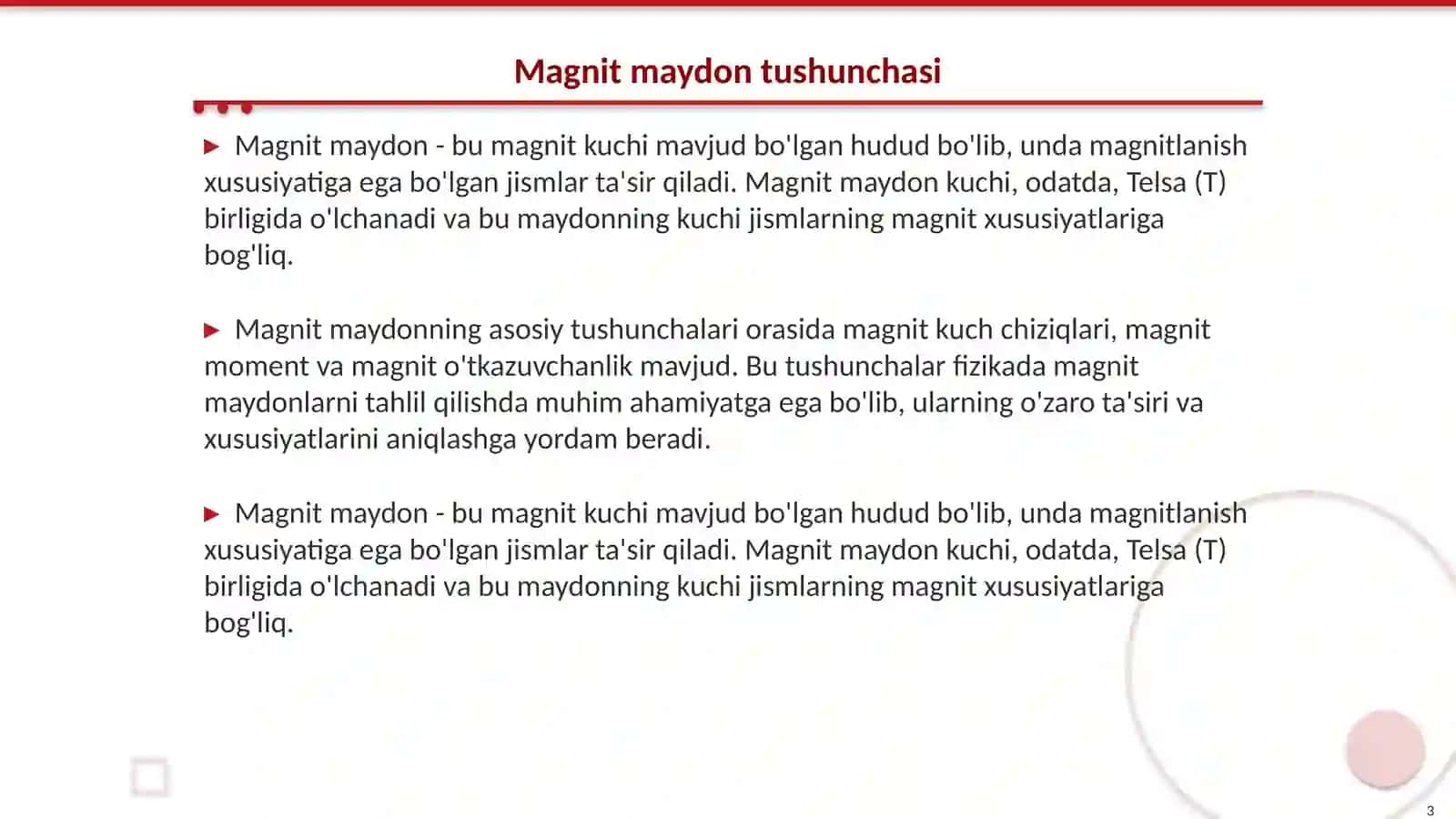 Moddadagi magnit maydon. Molekulyar toklar Teshaboyev Muhammadjon 3