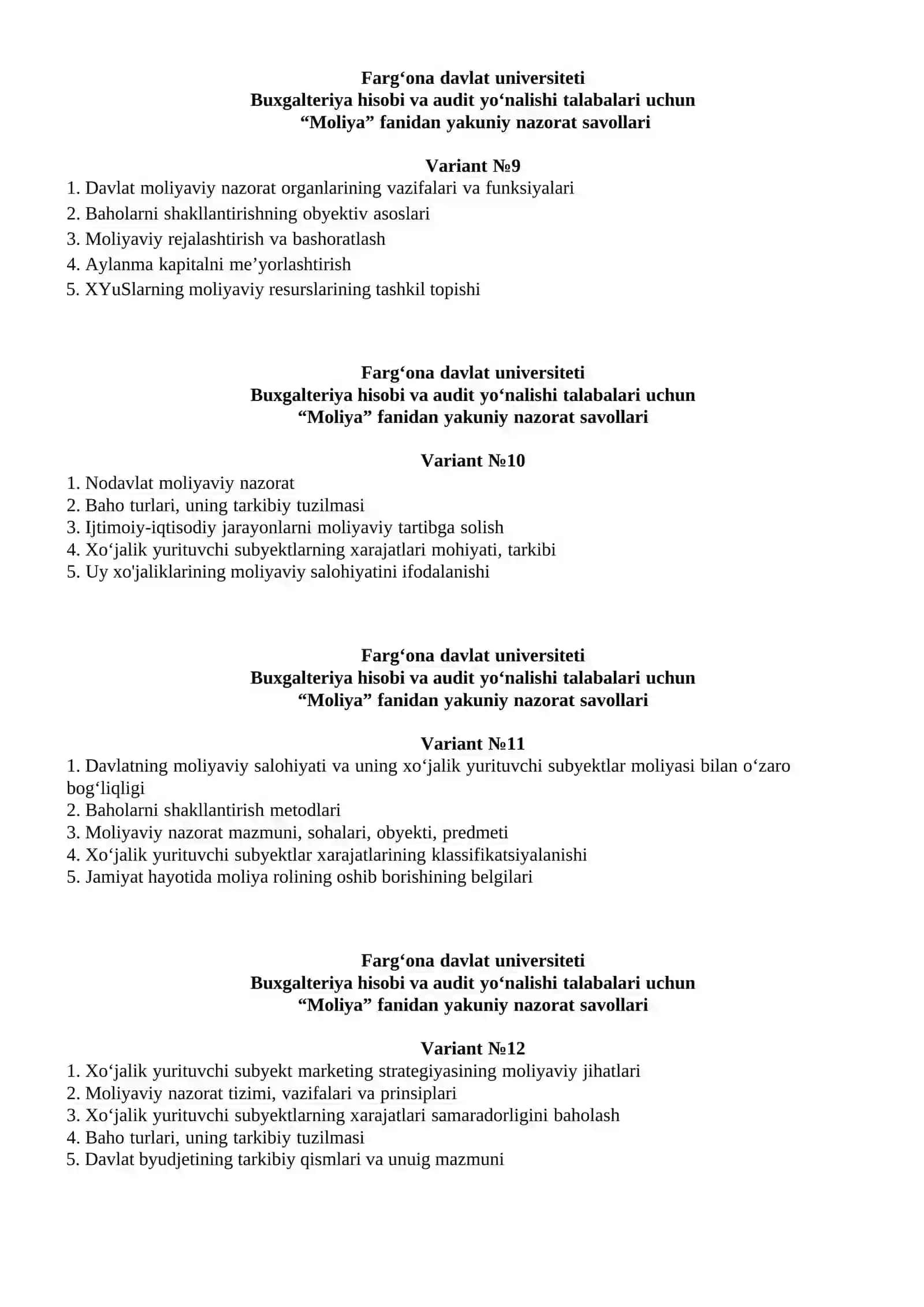 Moliya fanidan yakuniy nazorat savollari 3