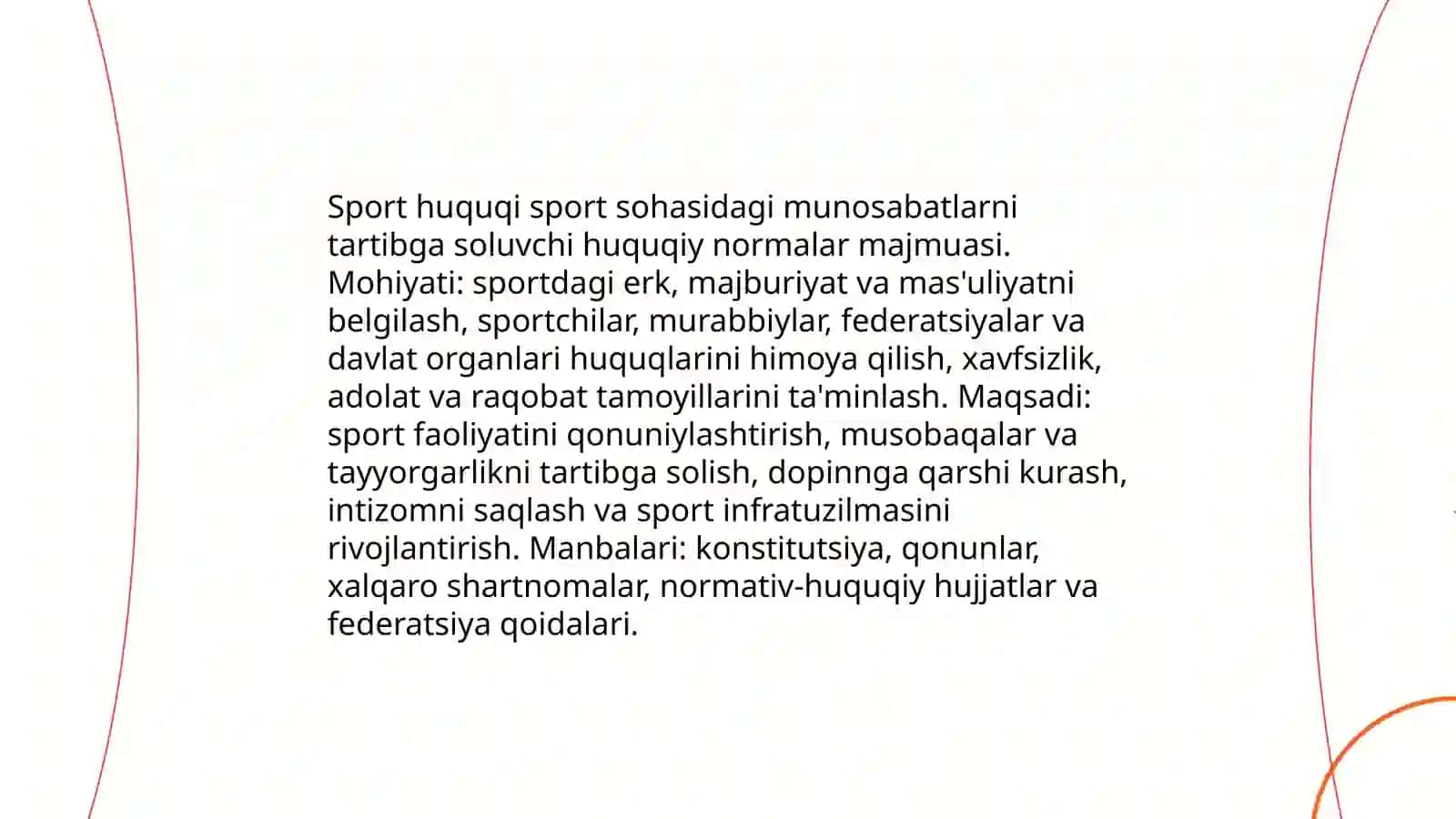 Sport huquqi tushunchasi, shakllanishi, manbalari va tizimi 3