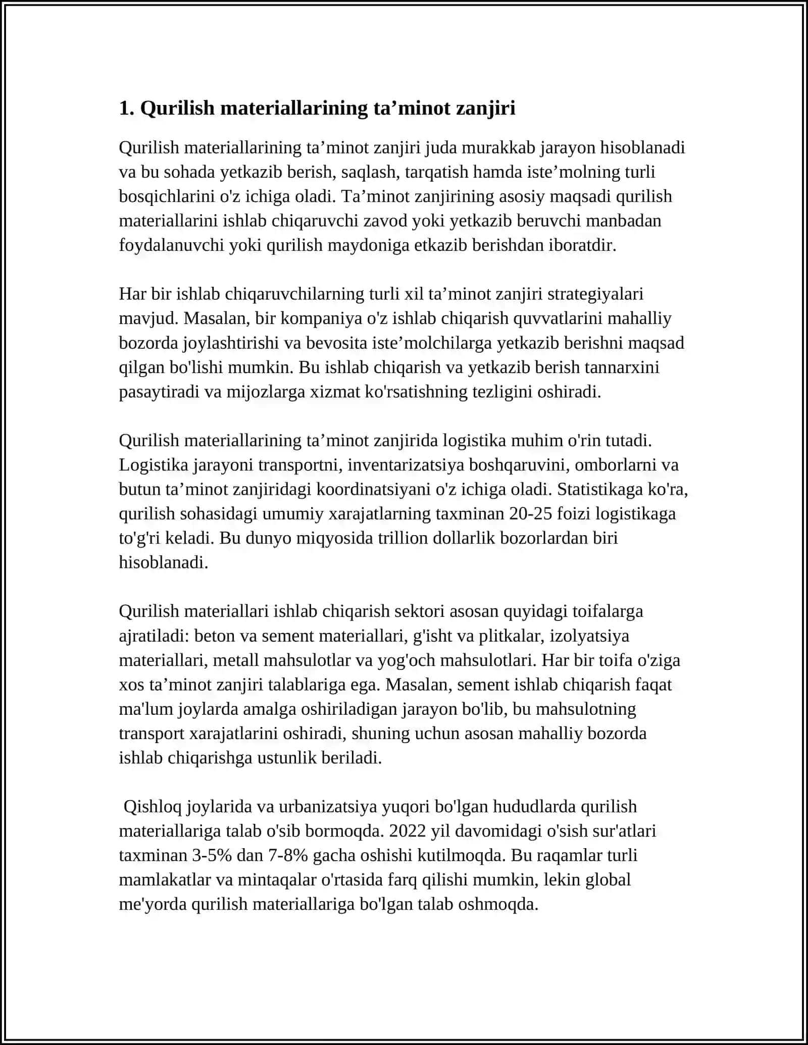 MUSTAQIL ISH Mavzu: QURILISHDA MODDIY TEXNIK TAʼMINOTI MASALALARI 3